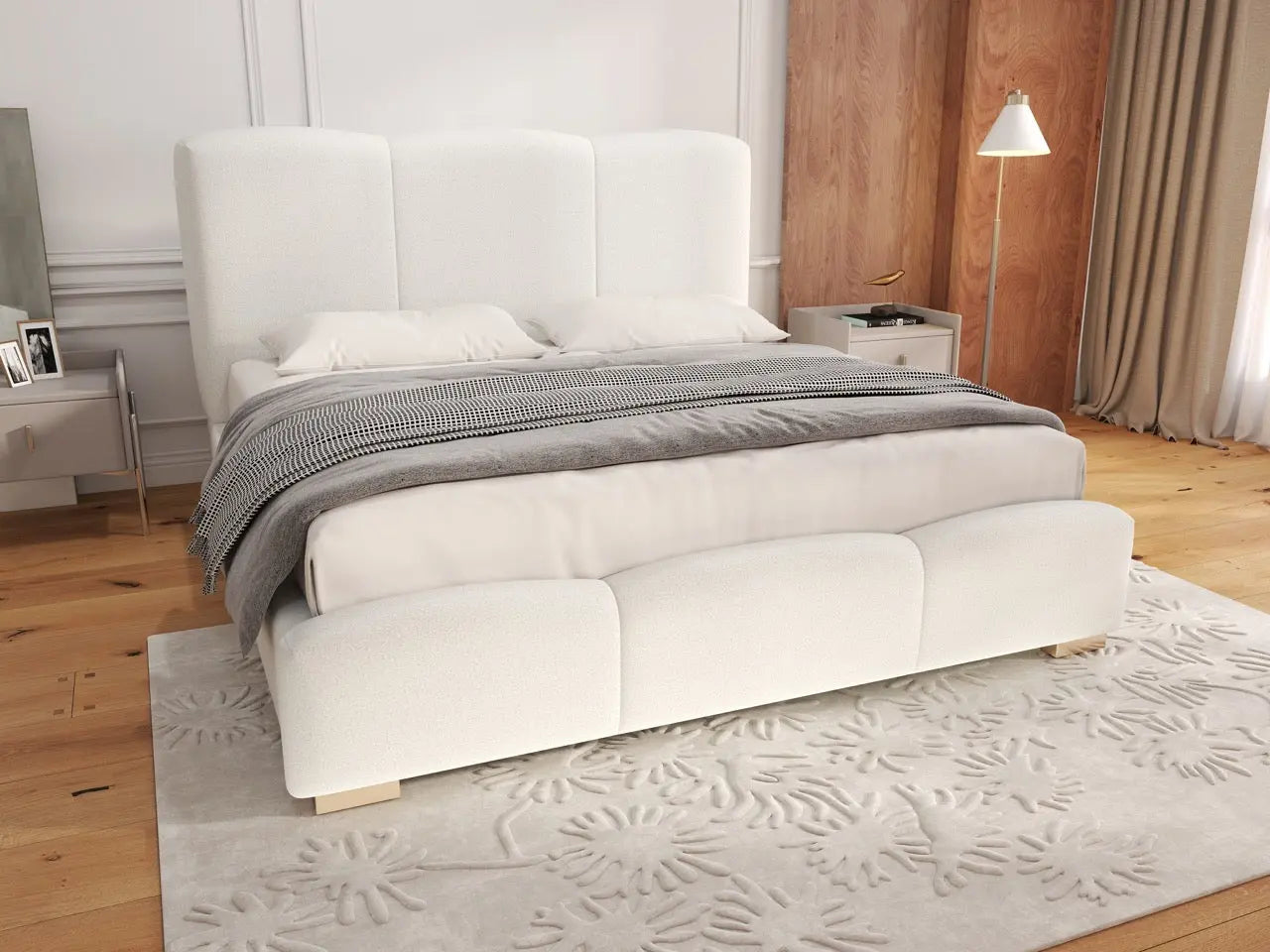 Pat dormitor dumonde, tapitat alb, Havana 140x200 cm, somiera rabatabila inclusa, spatiu depozitare WLS