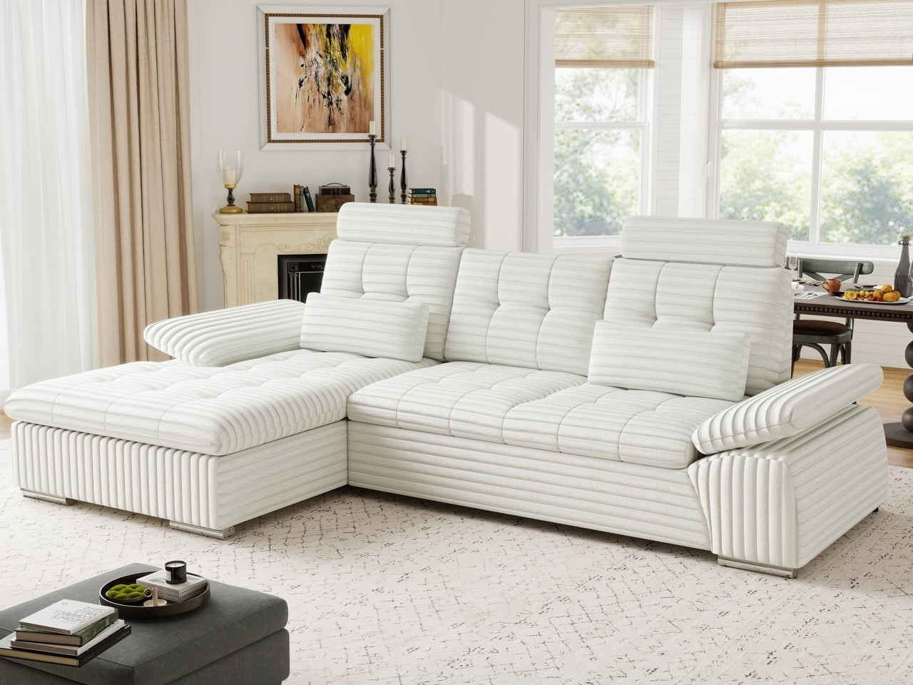 Colțar extensibil dumonde cu ladă de depozitare și șezut confortabil din spumă HR, Merkur Ambience Alb 270x168 cm