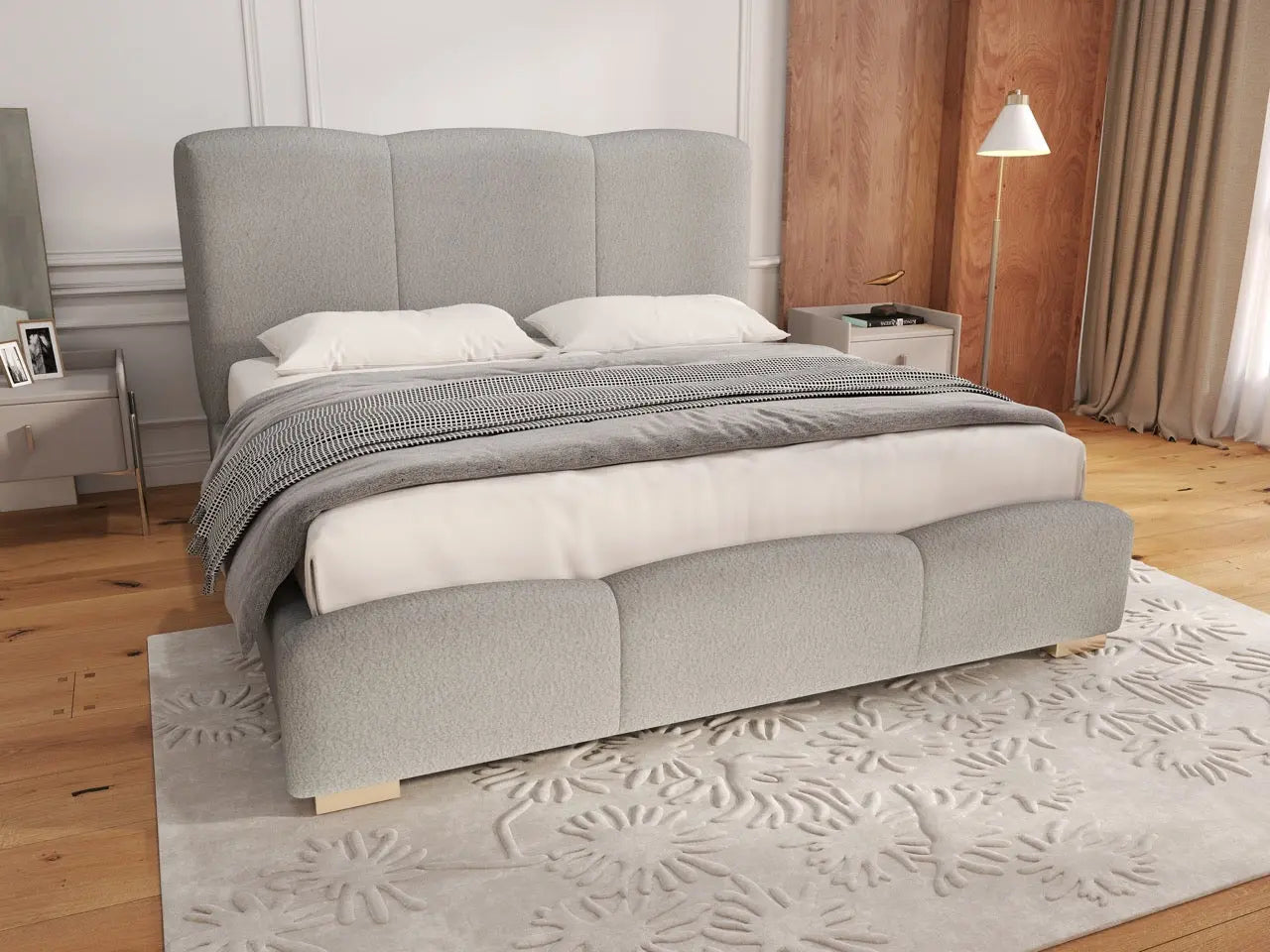 Pat dormitor dumonde, tapitat gri, Havana 160x200 cm, somiera rabatabila inclusa, spatiu depozitare WLS