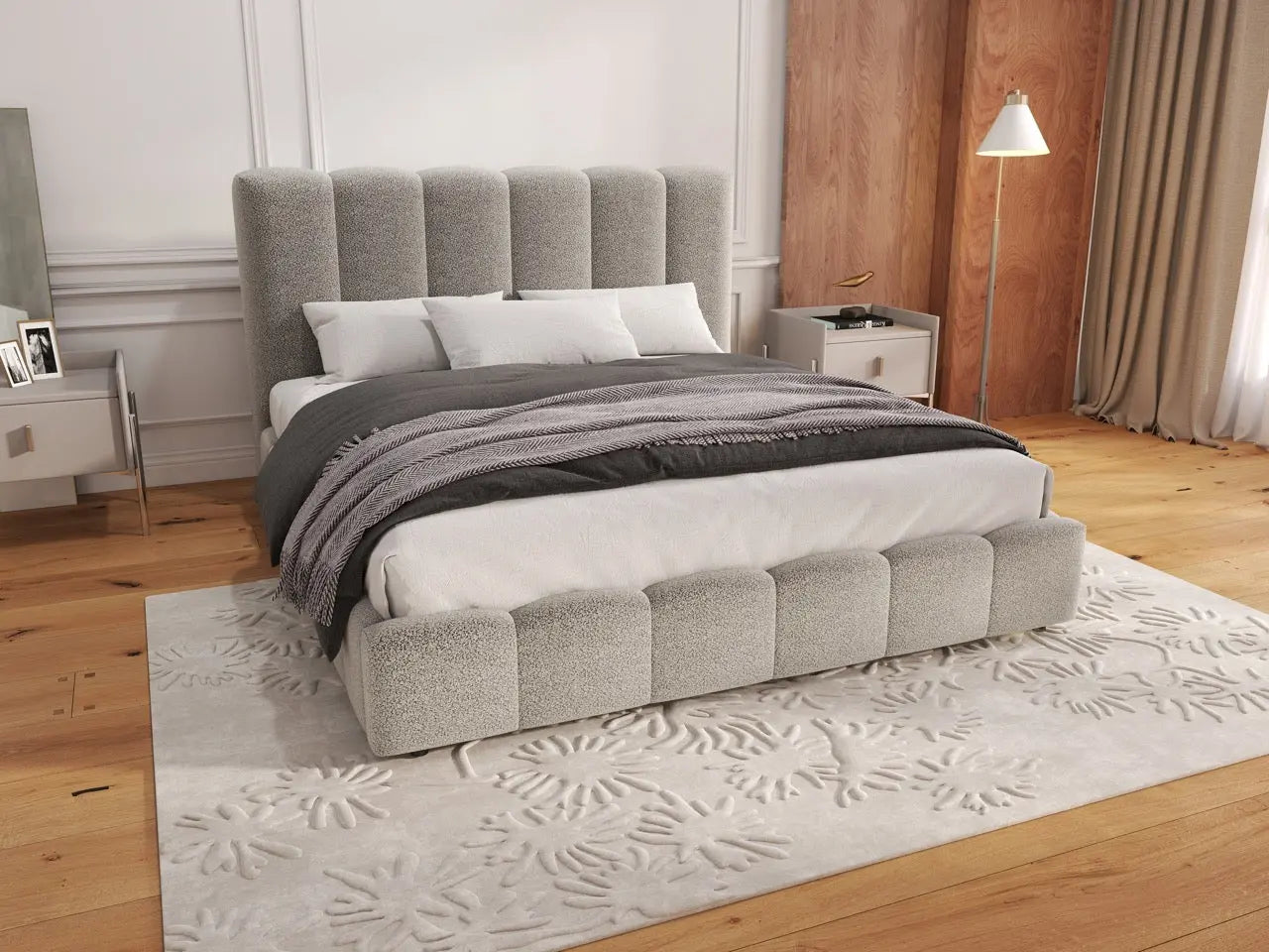 Pat dormitor dumonde, tapitat gri, Milano 140x200 cm, somiera rabatabila inclusa, spatiu depozitare WLS