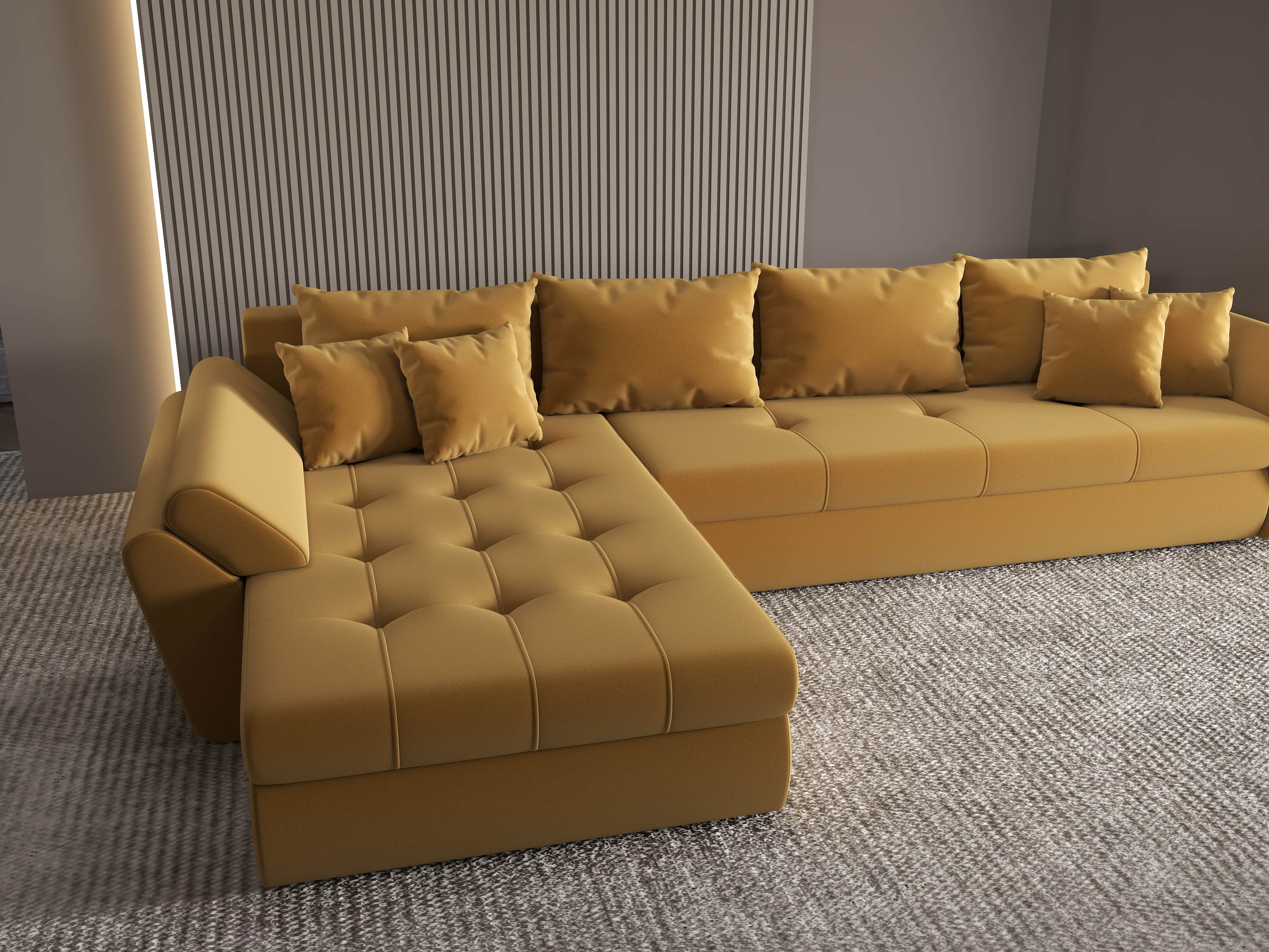 Colțar extensibil dumonde cu ladă de depozitare si sezut confortabil din spuma HR, Loana XL Royal Mustar 335x185 cm Fabrica