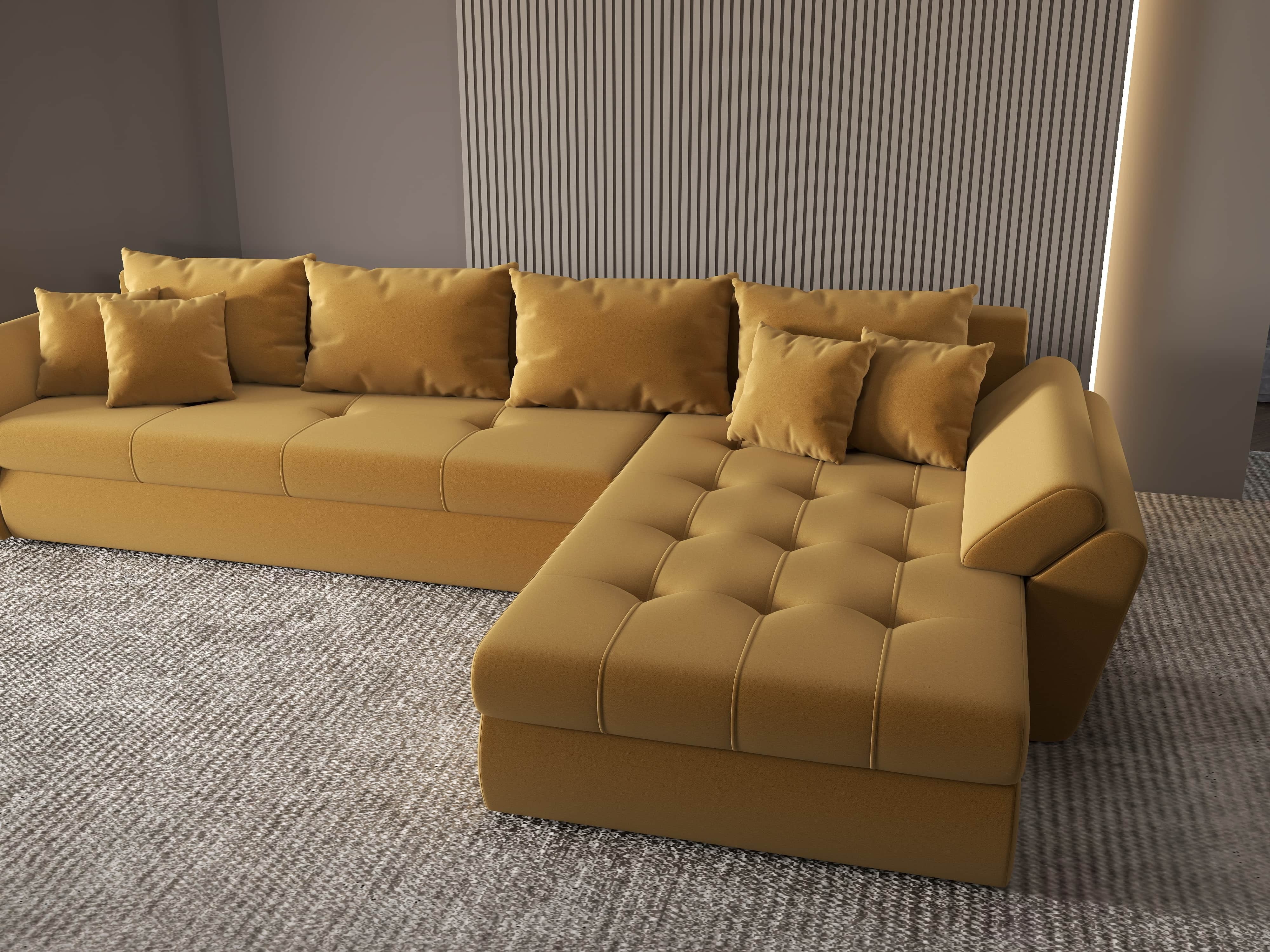 Colțar extensibil dumonde cu ladă de depozitare si sezut confortabil din spuma HR, Loana XL Royal Mustar II 335x185 cm Fabrica