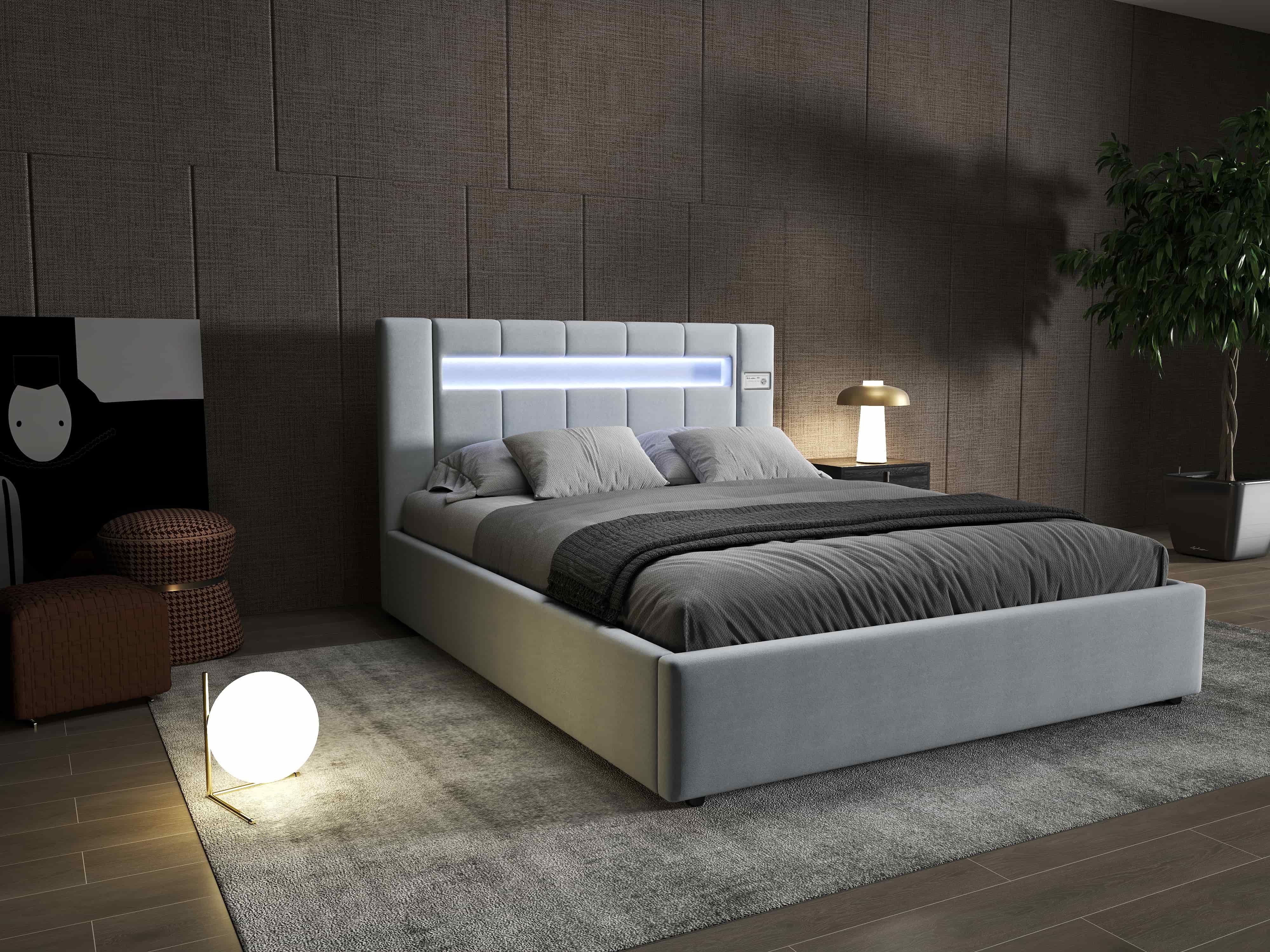 Pat dormitor dumonde, tapitat gri, Glow 160x200 cm, somiera rabatabila inclusa, spatiu depozitare WLS