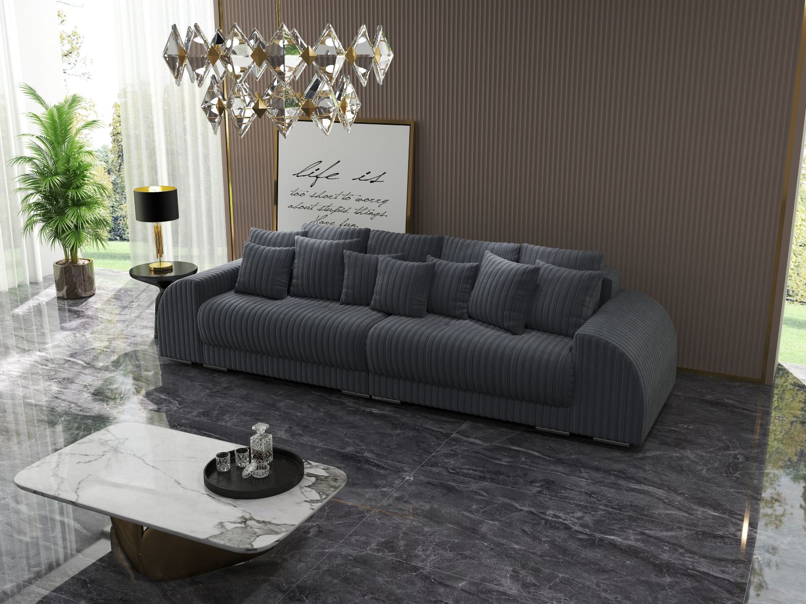 Canapea extensibilă dumonde cu 2 lăzi de depozitare si sezut confortabil din spuma HR, Verona Ambience Grey 310x100 cm Fabrica