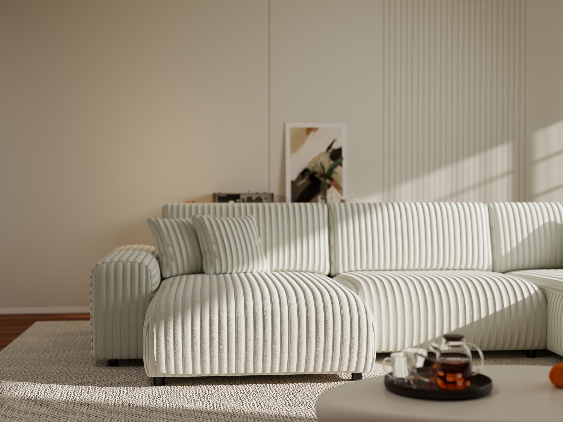 Colțar extensibil dumonde cu ladă de depozitare si sezut confortabil din spuma HR, Sarina U Ambience Alb 350x168 cm