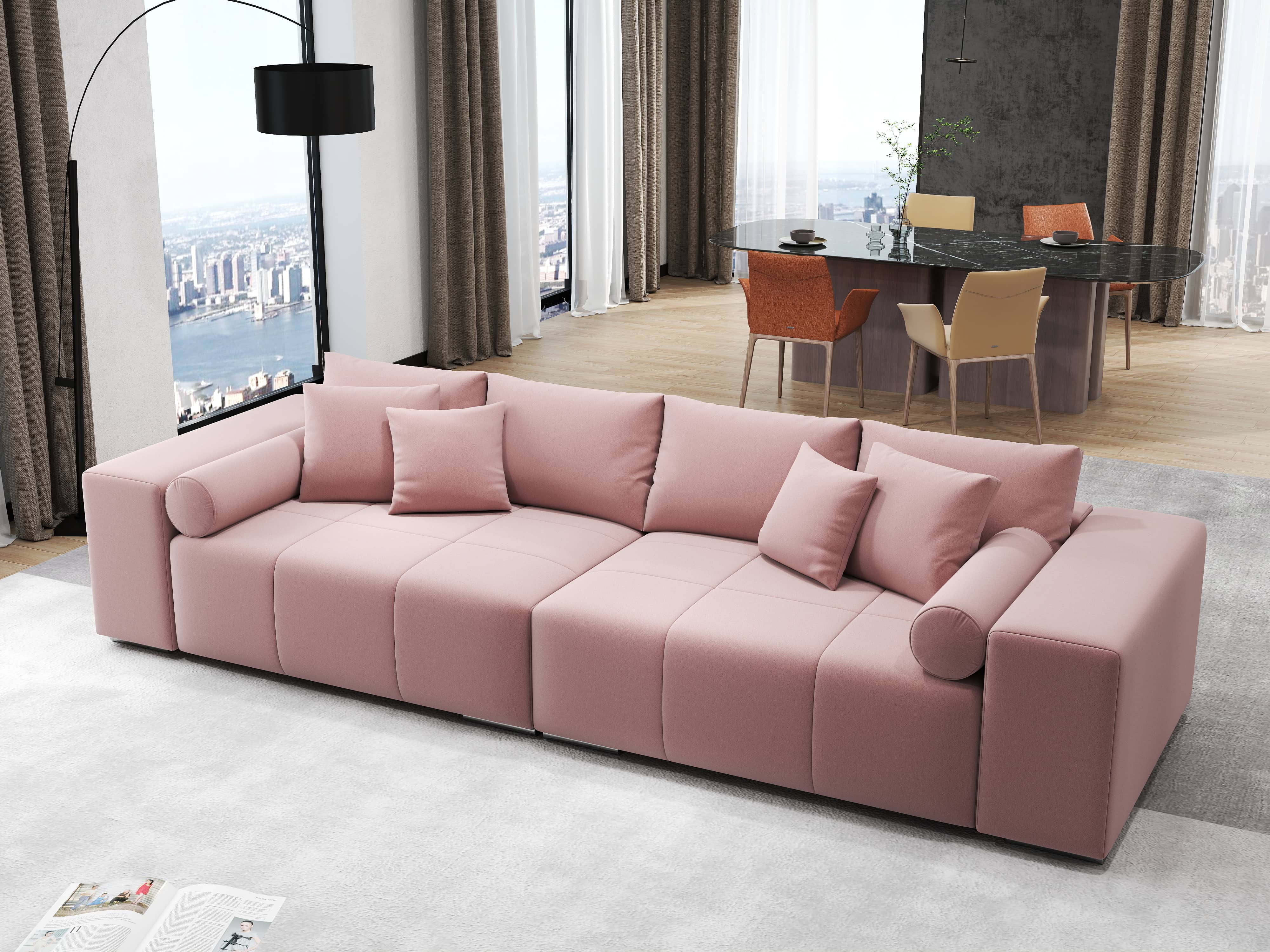 Canapea extensibilă dumonde cu ladă de depozitare si sezut confortabil din spuma HR, Marbela Royal Roz XXL 295x100 cm fabrica