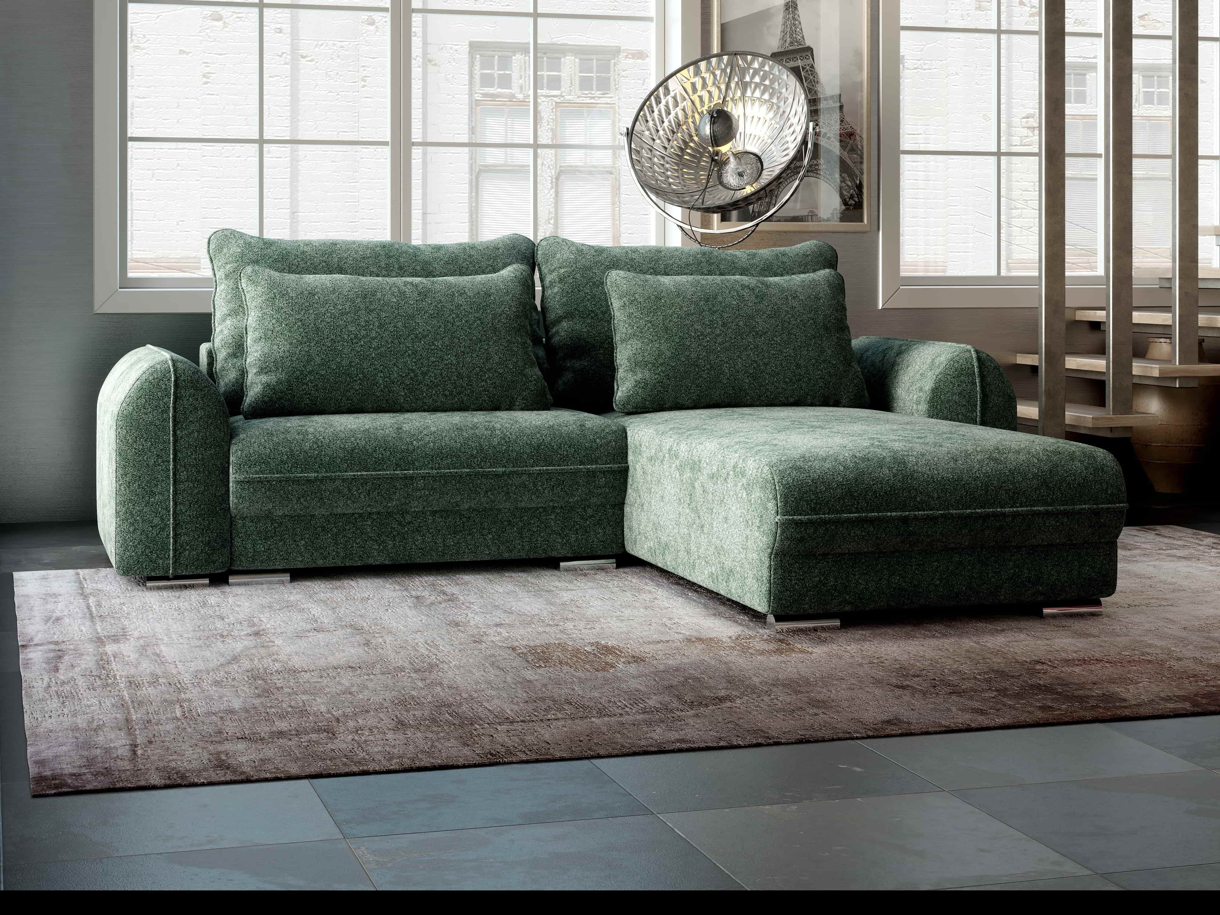 Colțar extensibil dumonde cu ladă de depozitare si sezut confortabil din spuma HR, Denver Euphoria Verde 275x185 cm II Fabrica