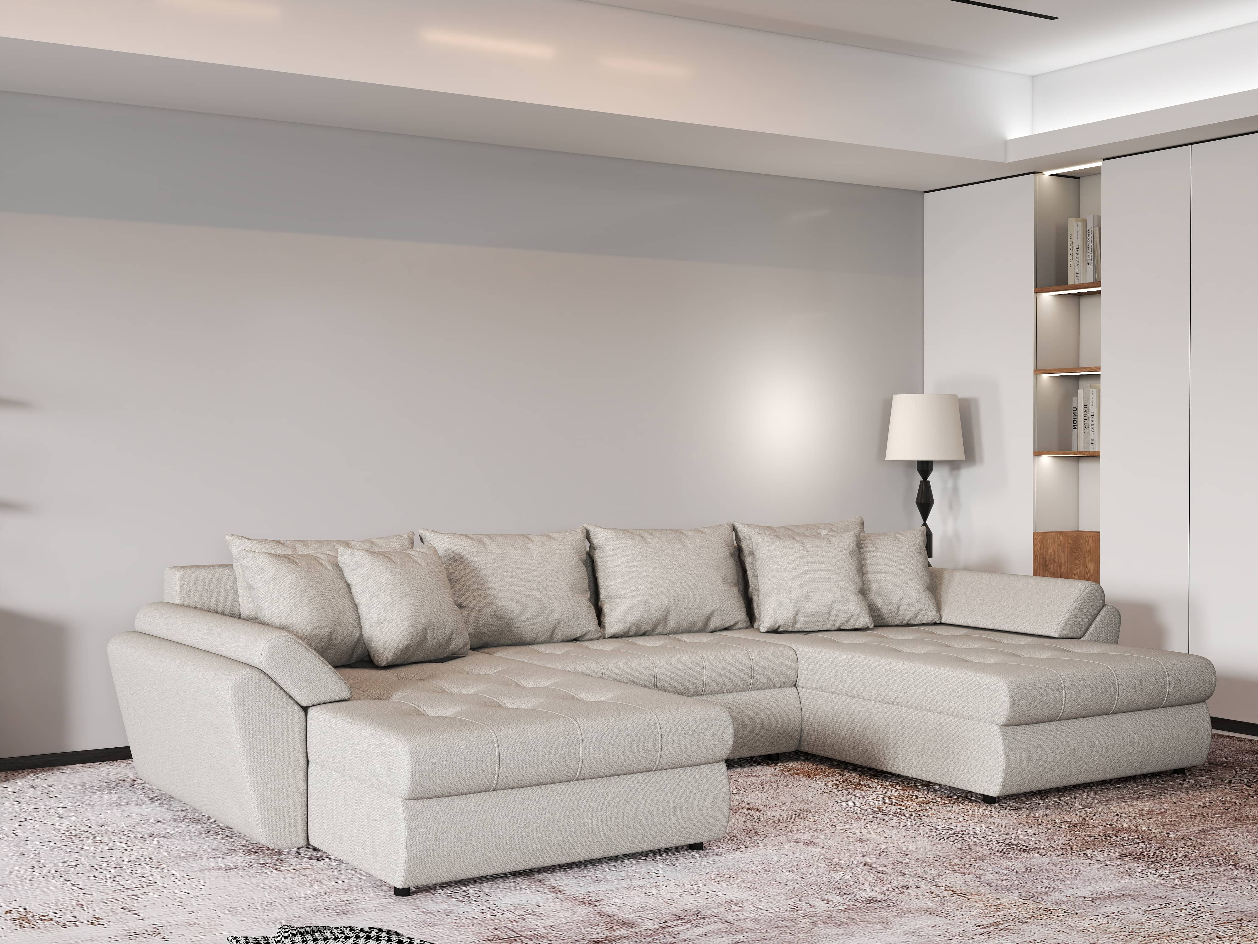 Colțar extensibil dumonde cu ladă de depozitare si sezut confortabil din spuma HR, Loana Bej U 355x185 cm Fabrica