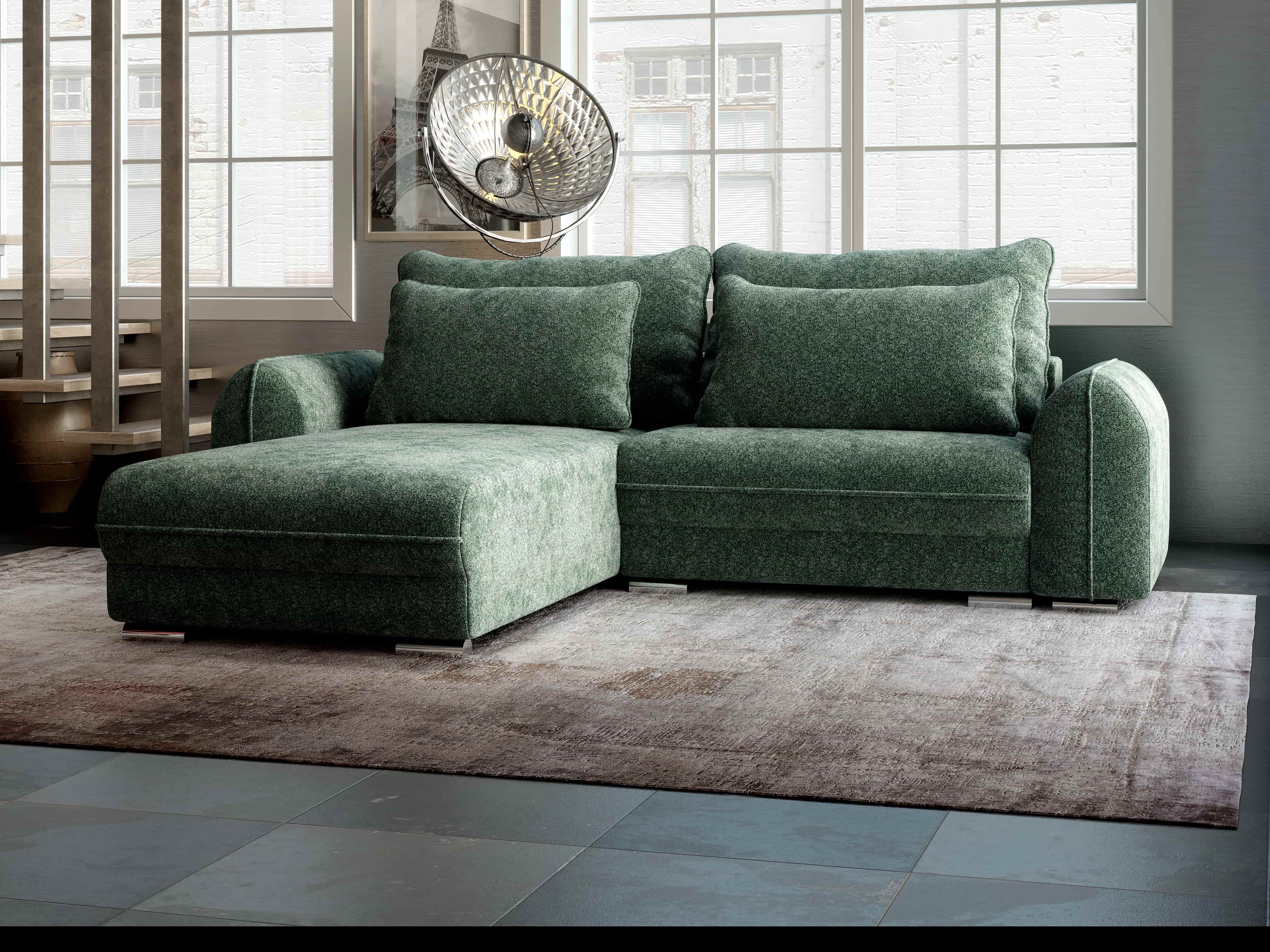 Colțar extensibil dumonde cu ladă de depozitare si sezut confortabil din spuma HR, Denver Euphoria Verde 275x185 cm Fabrica