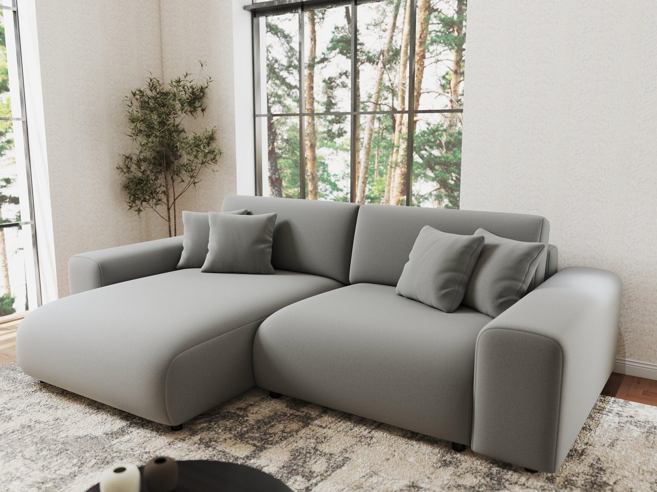 Colțar extensibil dumonde cu ladă de depozitare si sezut confortabil din spuma HR, Sarina Royal Gri 255x168 cm