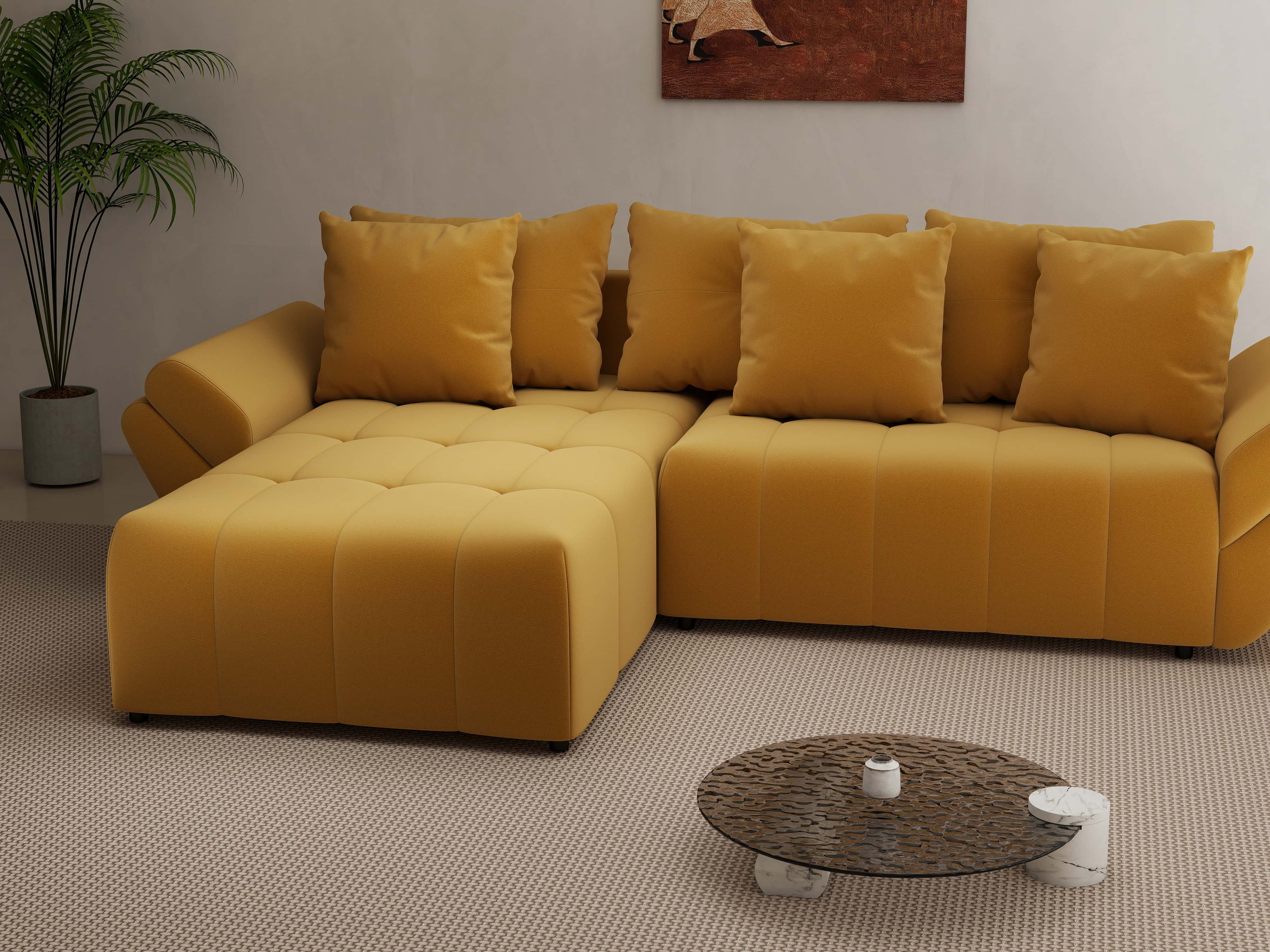 Colțar extensibil dumonde cu ladă de depozitare si sezut confortabil din spuma HR, Berlin Royal Mustar 280x185 cm Fabrica