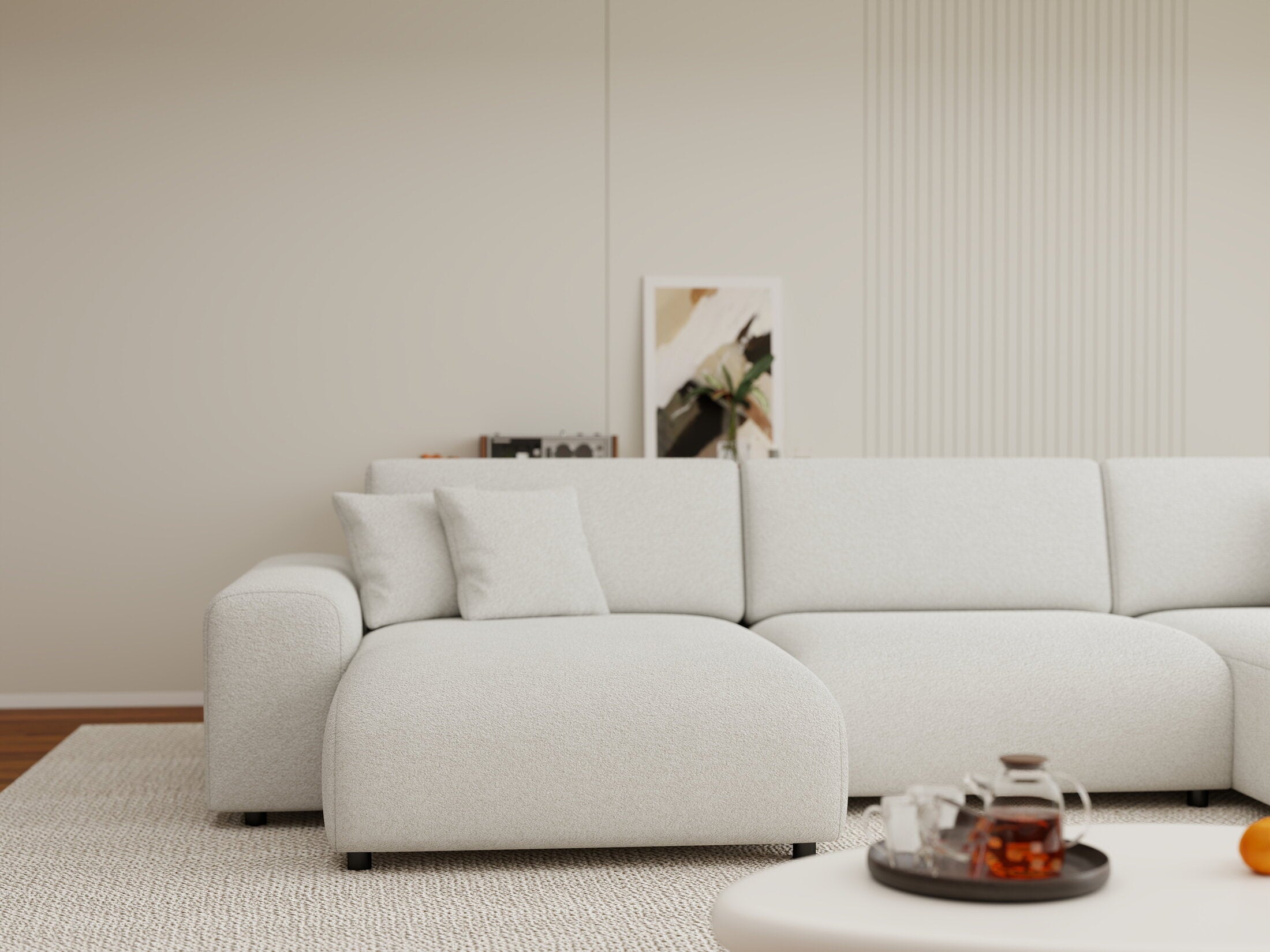 Colțar extensibil dumonde cu ladă de depozitare si sezut confortabil din spuma HR, Sarina U Euphoria Alb 350x168 cm