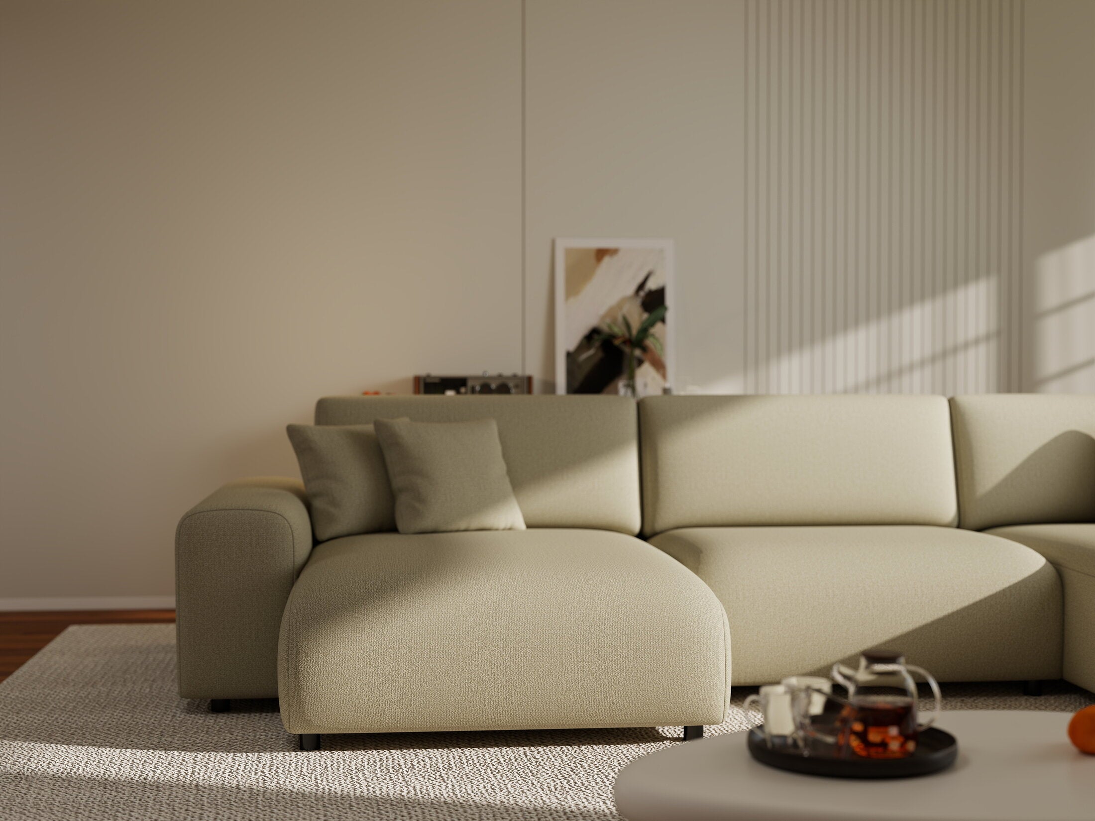 Colțar extensibil dumonde cu ladă de depozitare si sezut confortabil din spuma HR, Sarina U Enjoy Bej 350x168 cm