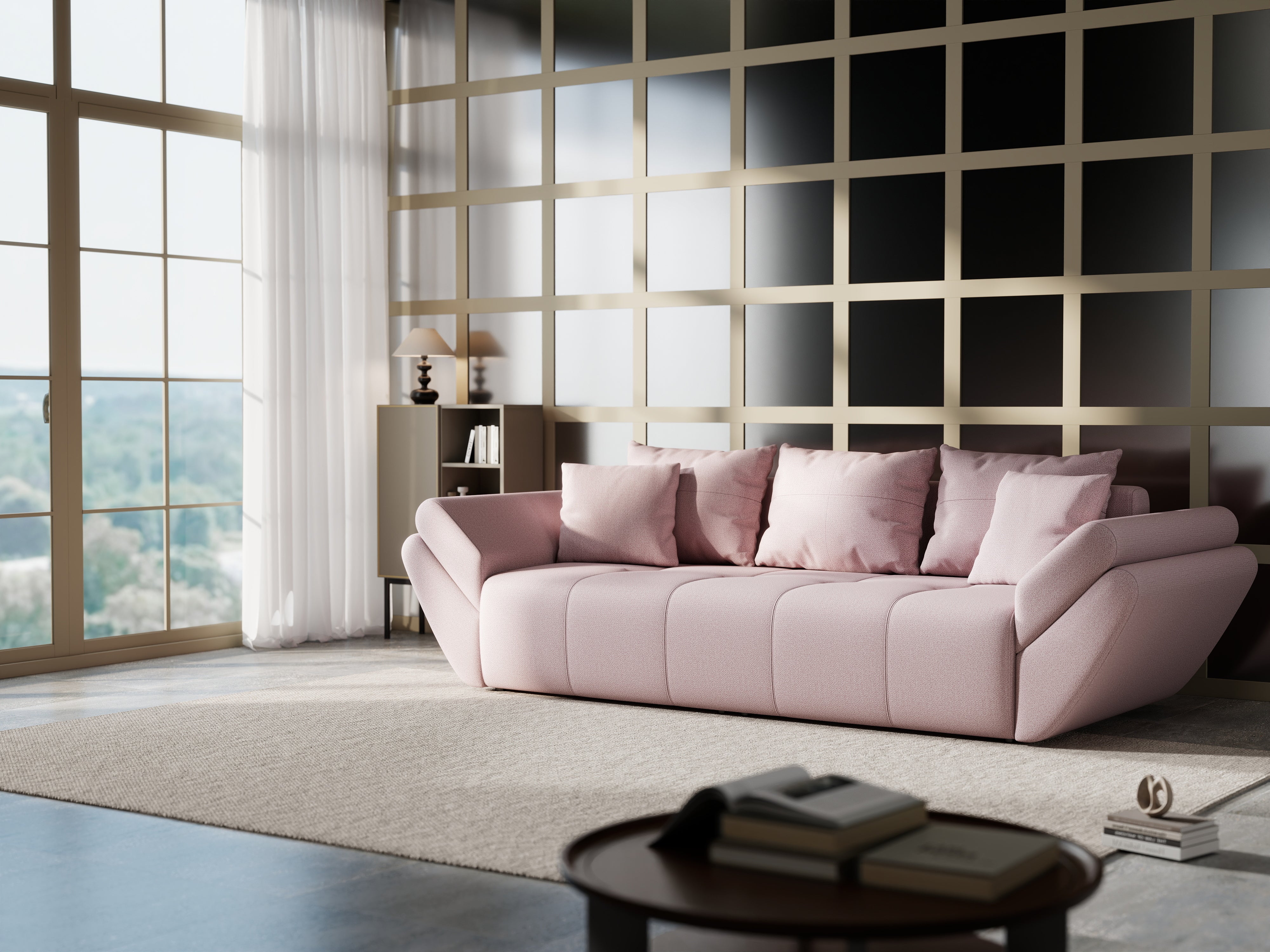 Canapea extensibilă dumonde cu ladă de depozitare si sezut confortabil din spuma HR, Berlin Enjoy Flamingo 250x100 cm Fabrica