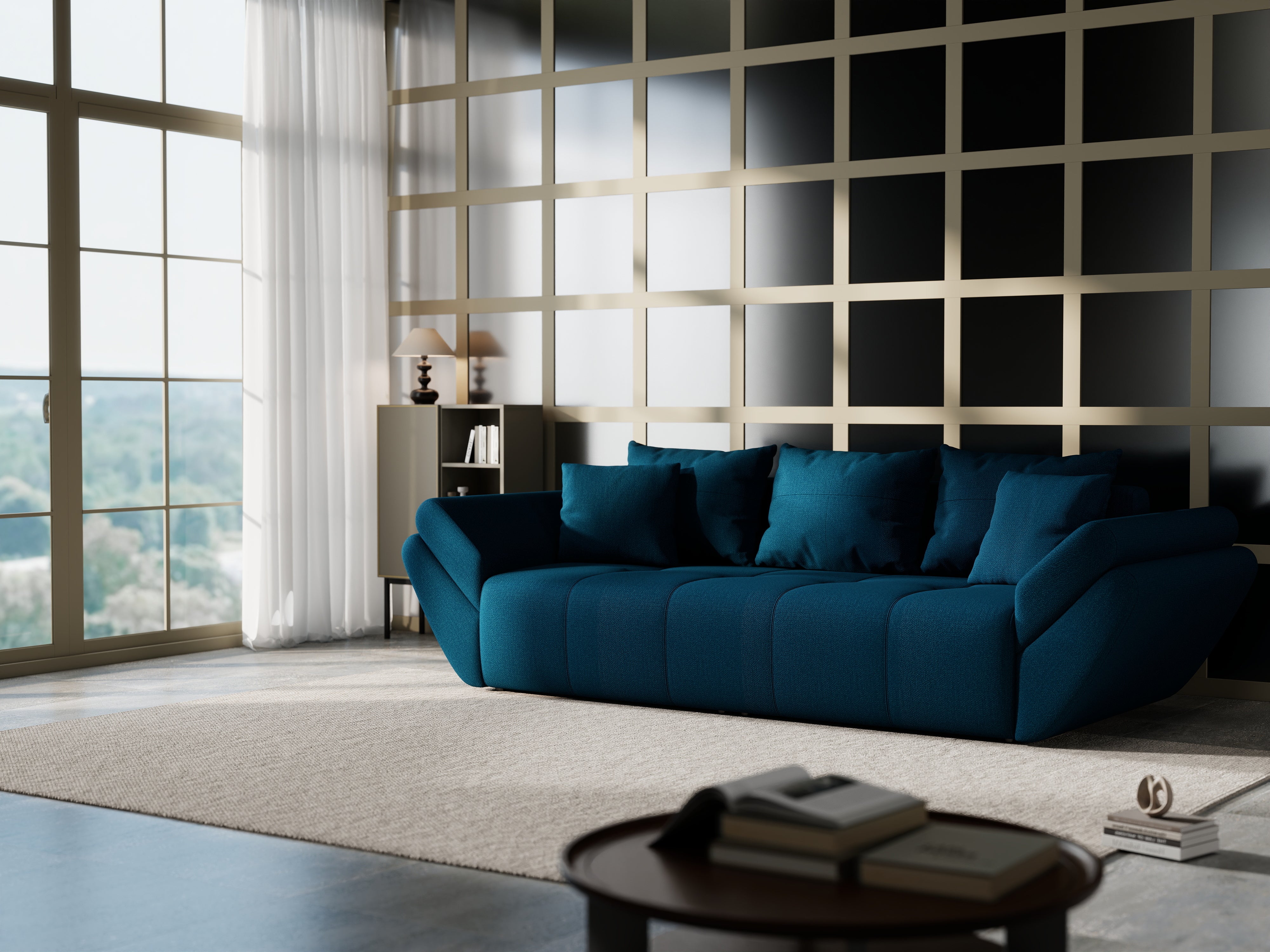 Canapea extensibilă dumonde cu ladă de depozitare si sezut confortabil din spuma HR, Berlin Enjoy Petrol 250x100 cm Fabrica