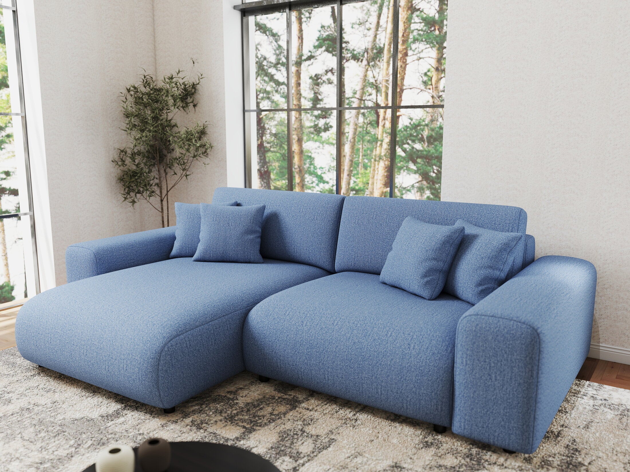 Colțar extensibil dumonde cu ladă de depozitare si sezut confortabil din spuma HR, Sarina Enjoy Albastru 255x168 cm