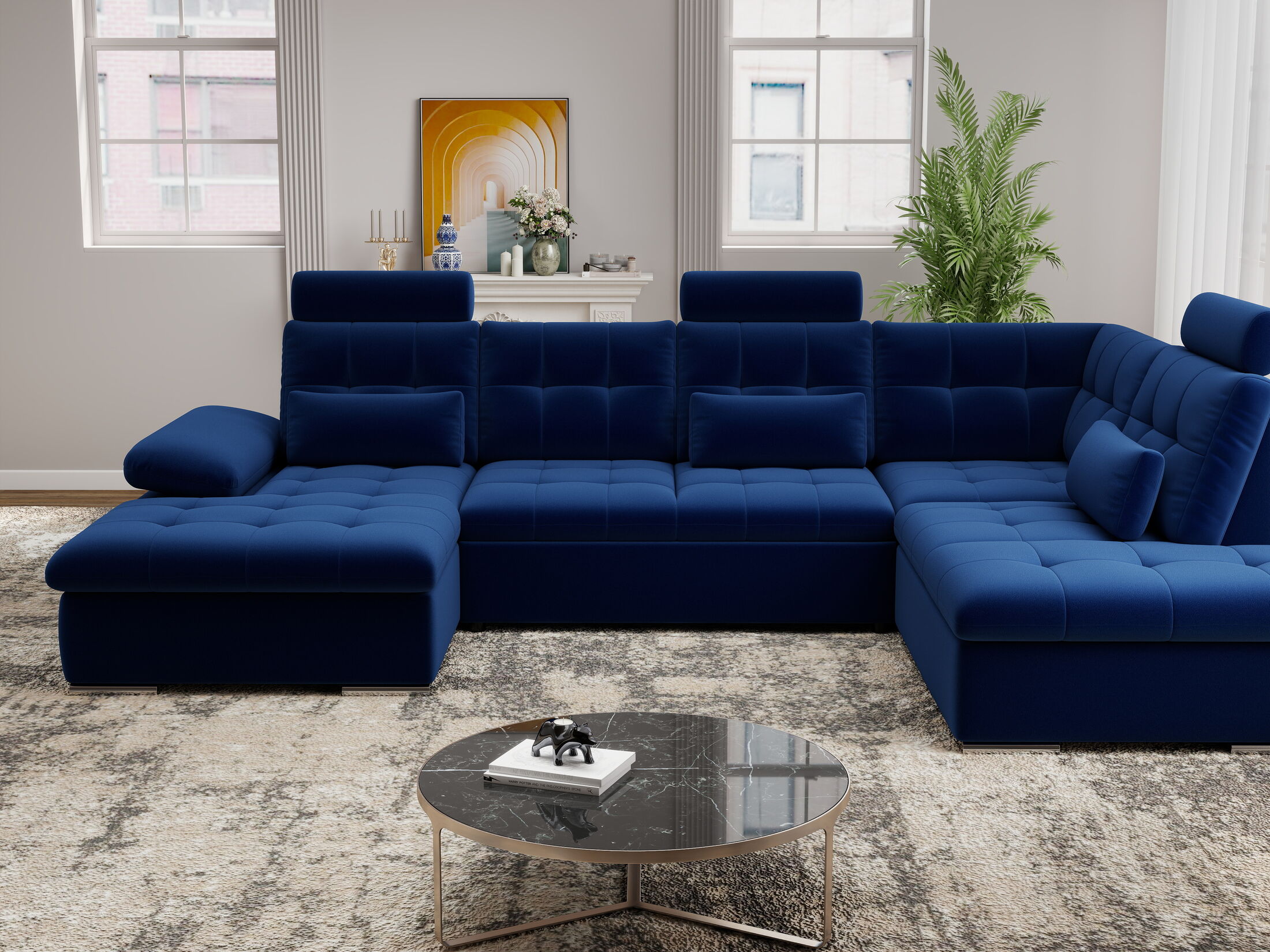 Colțar extensibil dumonde cu ladă de depozitare și șezut confortabil din spumă HR, Merkur U Royal Albastru Navy 324x218 cm