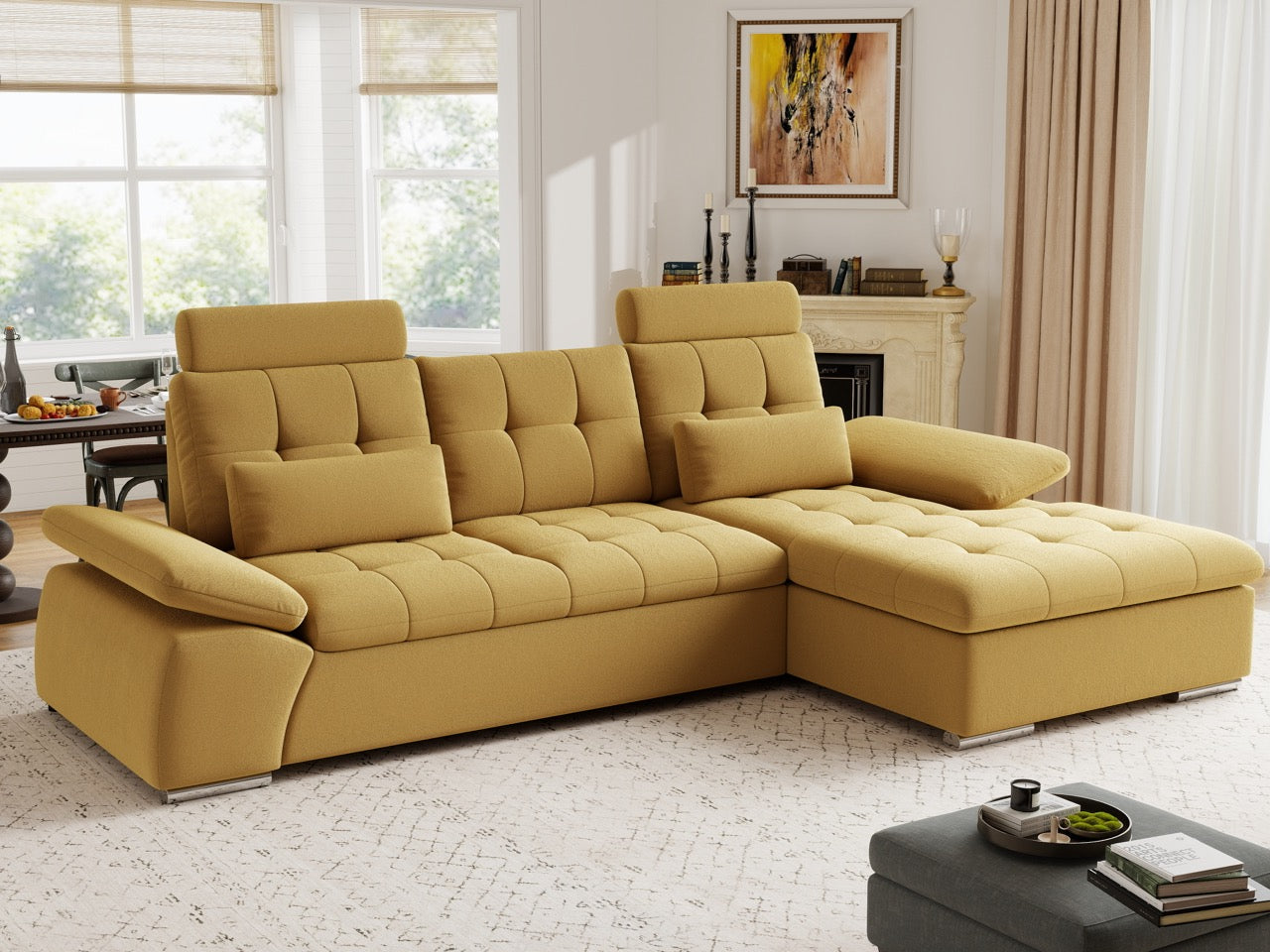 Colțar extensibil dumonde cu ladă de depozitare și șezut confortabil din spumă HR, Merkur Royal Mustar 270x168 cm II