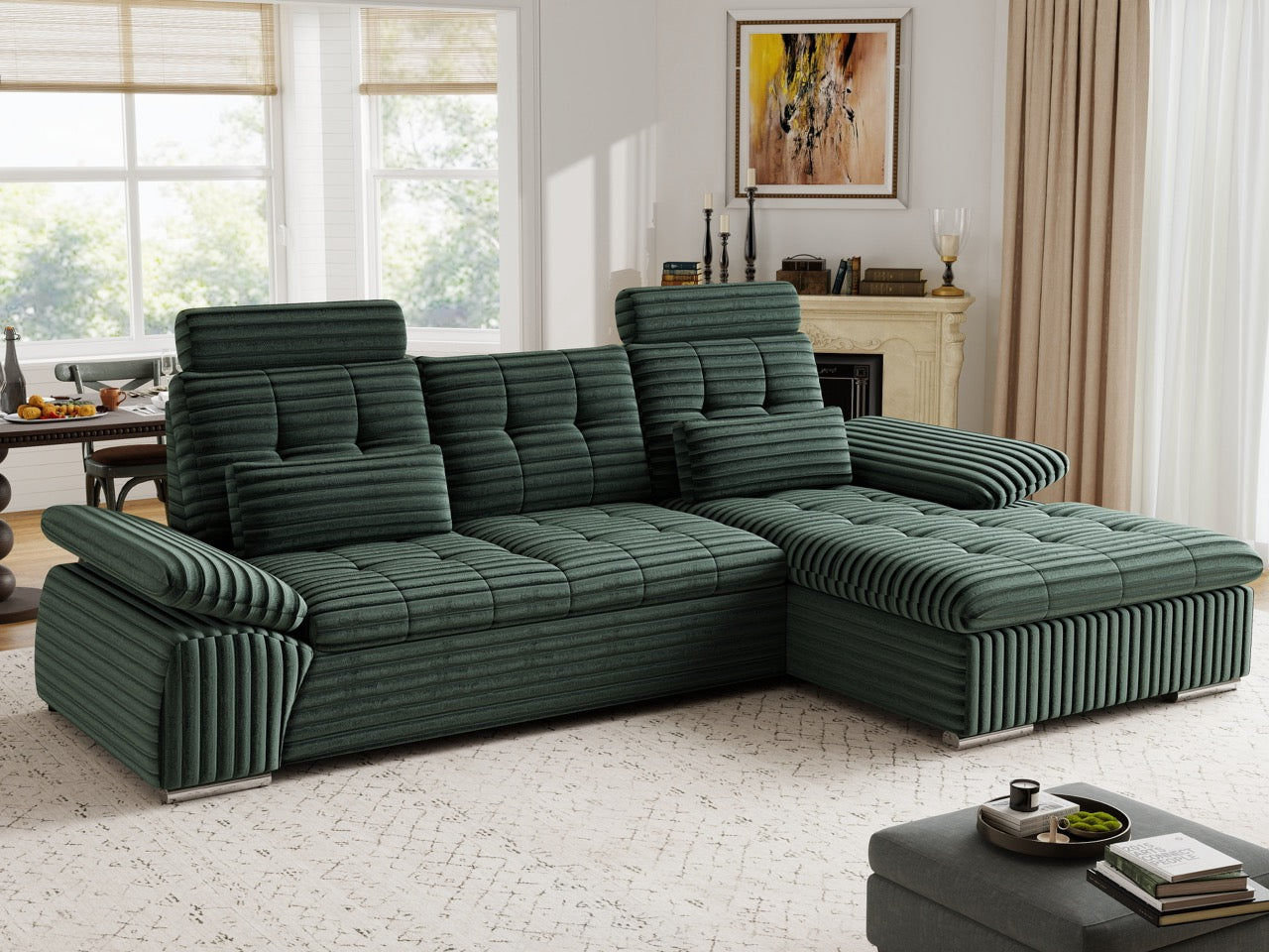 Colțar extensibil dumonde cu ladă de depozitare și șezut confortabil din spumă HR, Merkur Ambience Verde 270x168 cm II