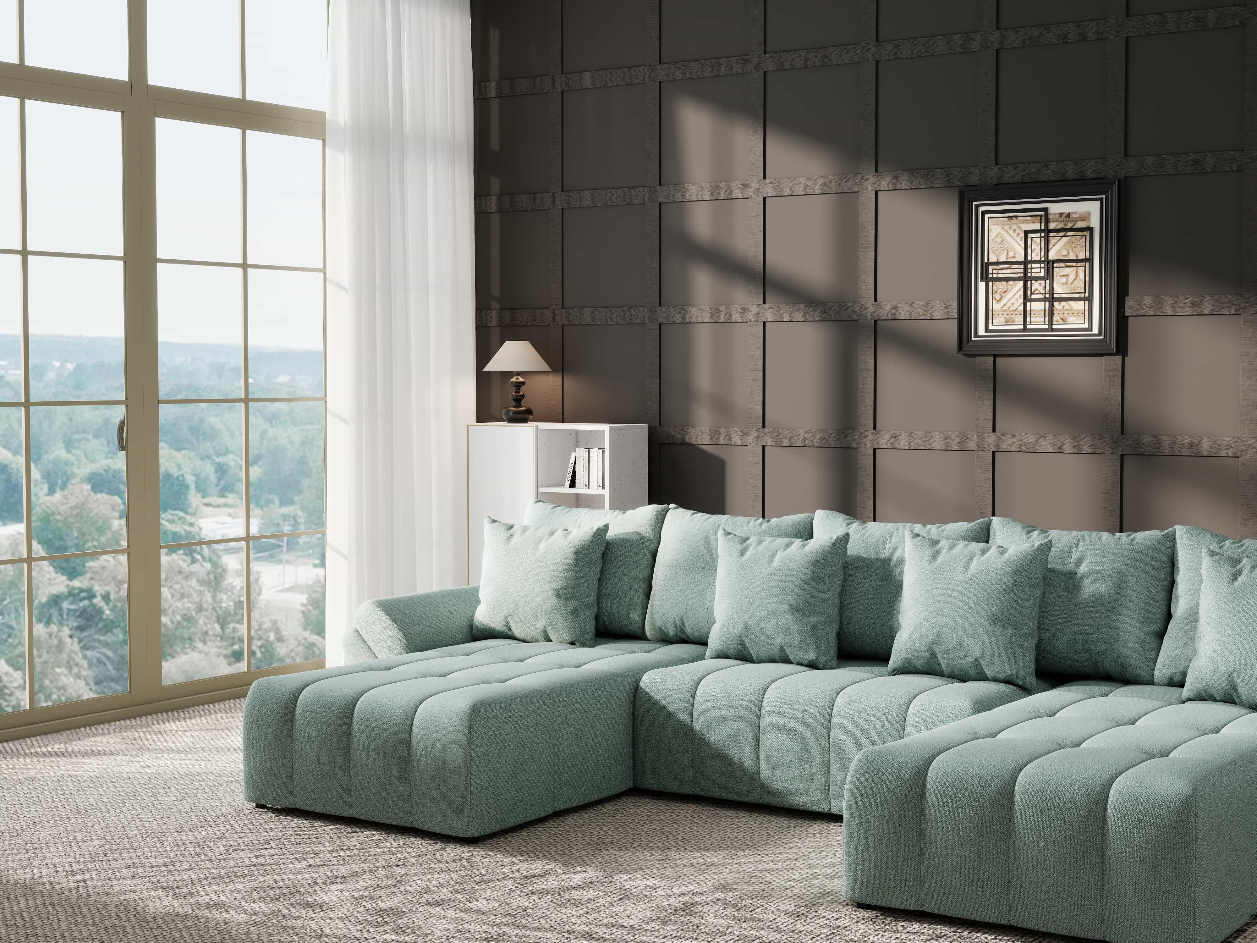 Colțar extensibil dumonde cu ladă de depozitare si sezut confortabil din spuma HR, Berlin U Enjoy Mint 380x180 cm Fabrica