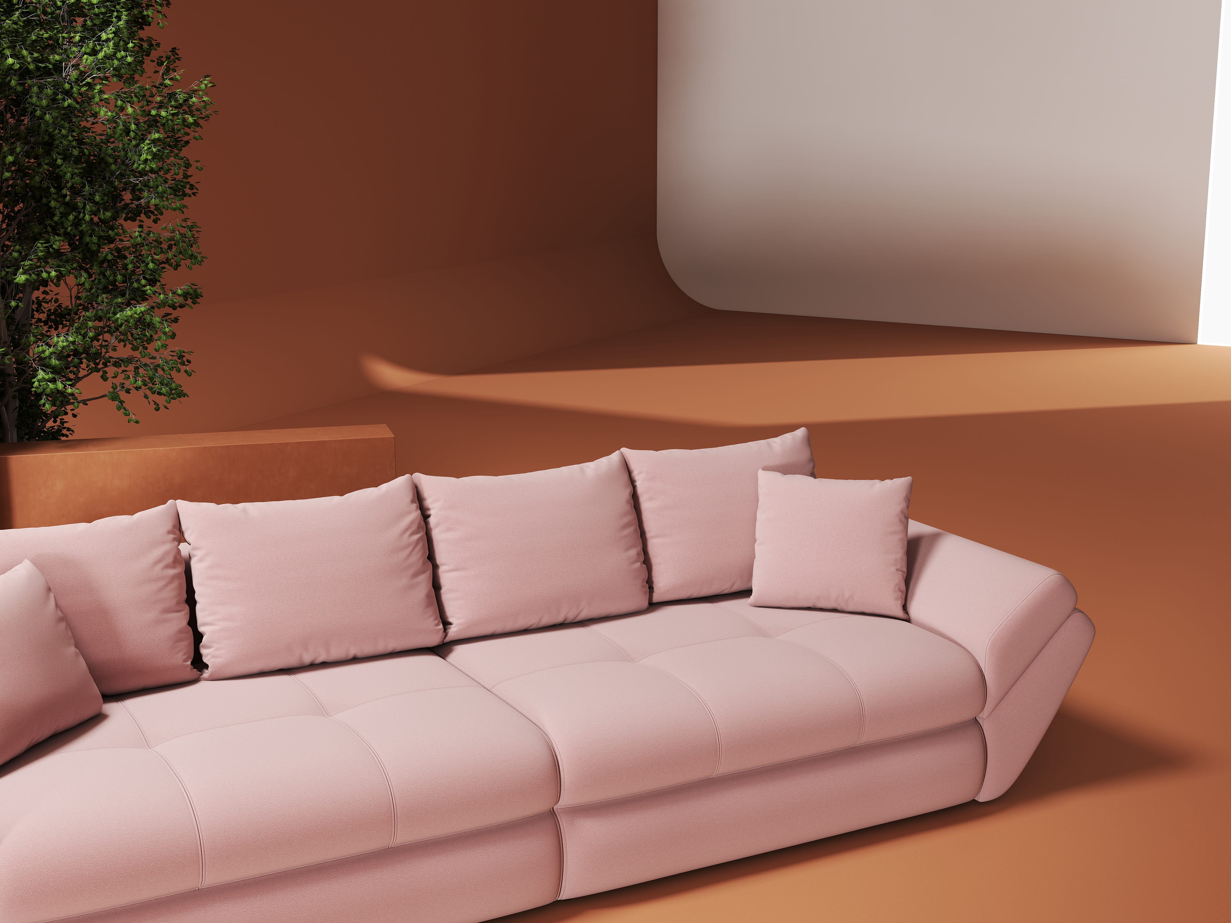 Canapea extensibilă dumonde cu ladă de depozitare si sezut confortabil din spuma HR, Loana Royal Roz 300x100 cm Fabrica