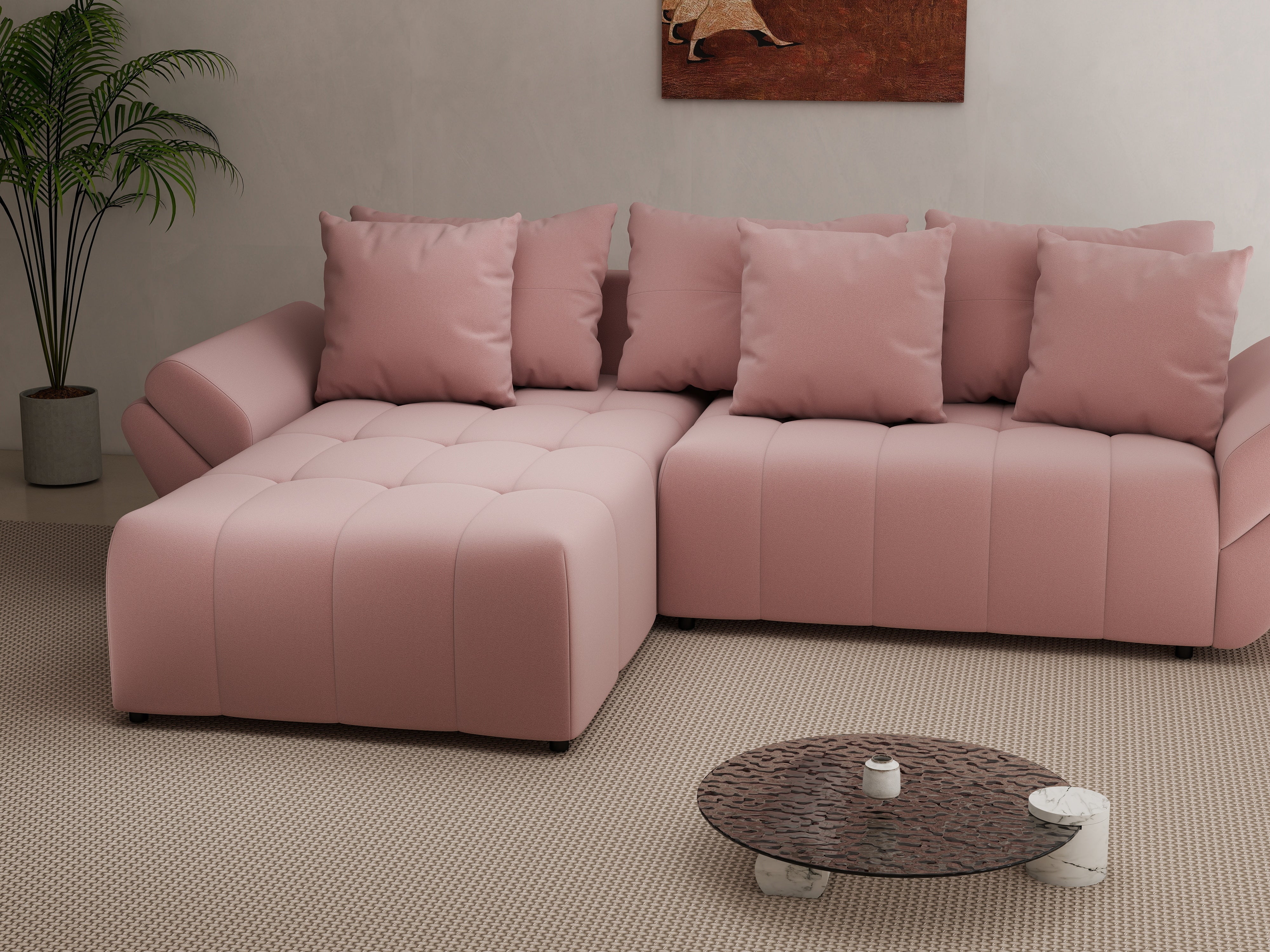 Colțar extensibil dumonde cu ladă de depozitare si sezut confortabil din spuma HR, Berlin Royal Roz 280x185 cm Fabrica