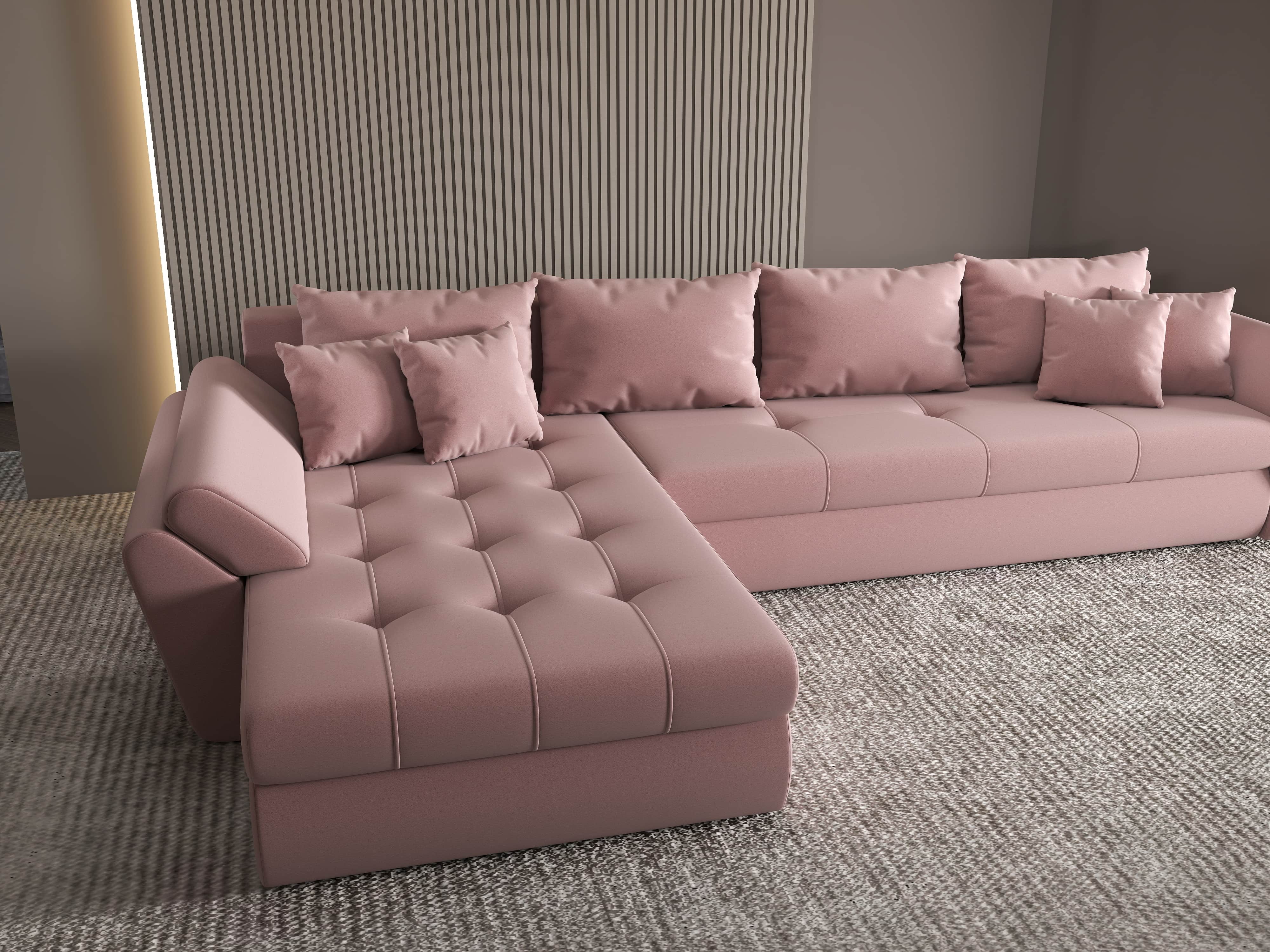 Colțar extensibil dumonde cu ladă de depozitare si sezut confortabil din spuma HR, Loana XL Royal Roz 335x185 cm Fabrica