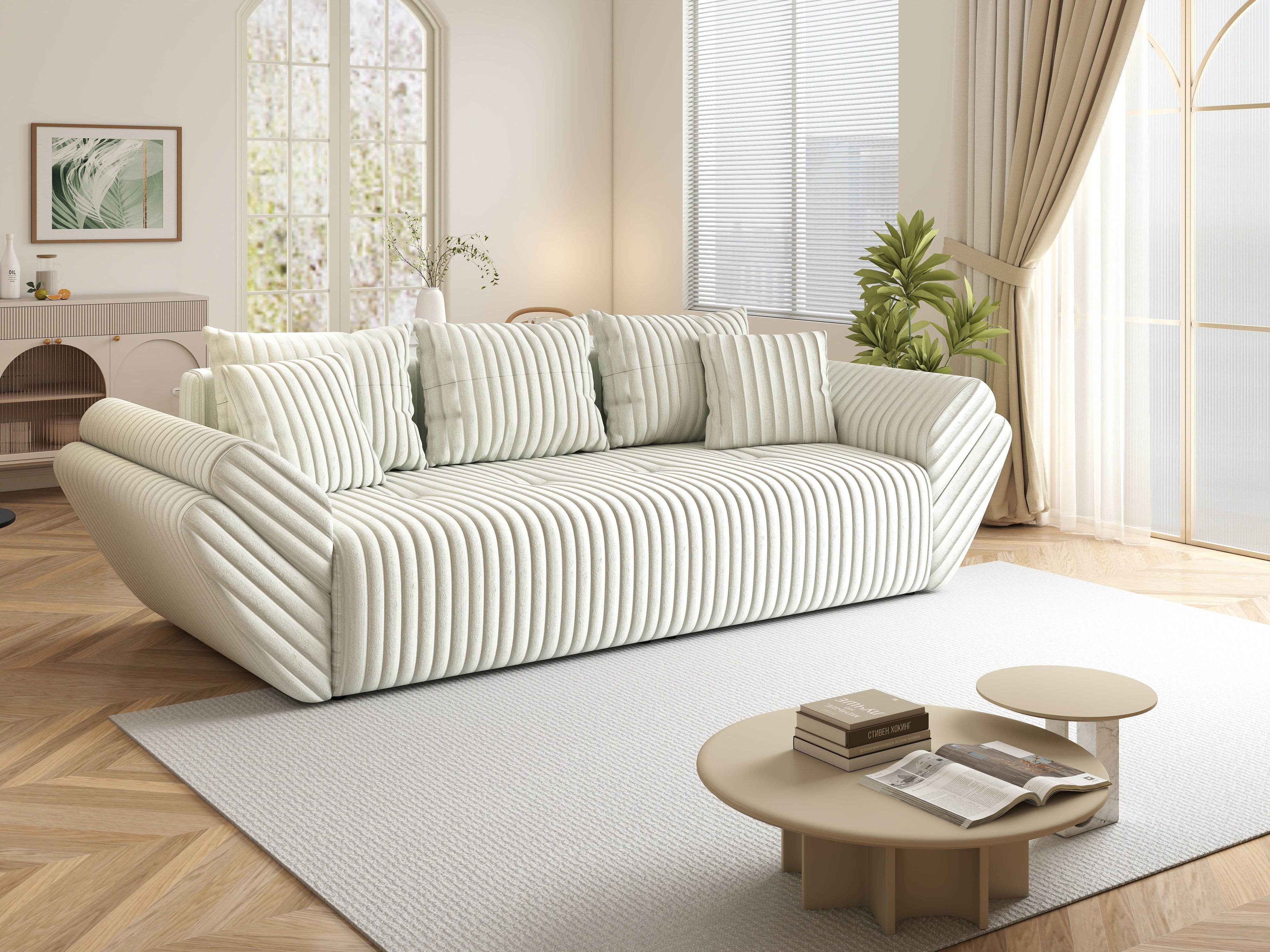 Canapea extensibilă dumonde cu ladă de depozitare si sezut confortabil din spuma HR, Berlin Ambience Ivory 250x100 cm Fabrica