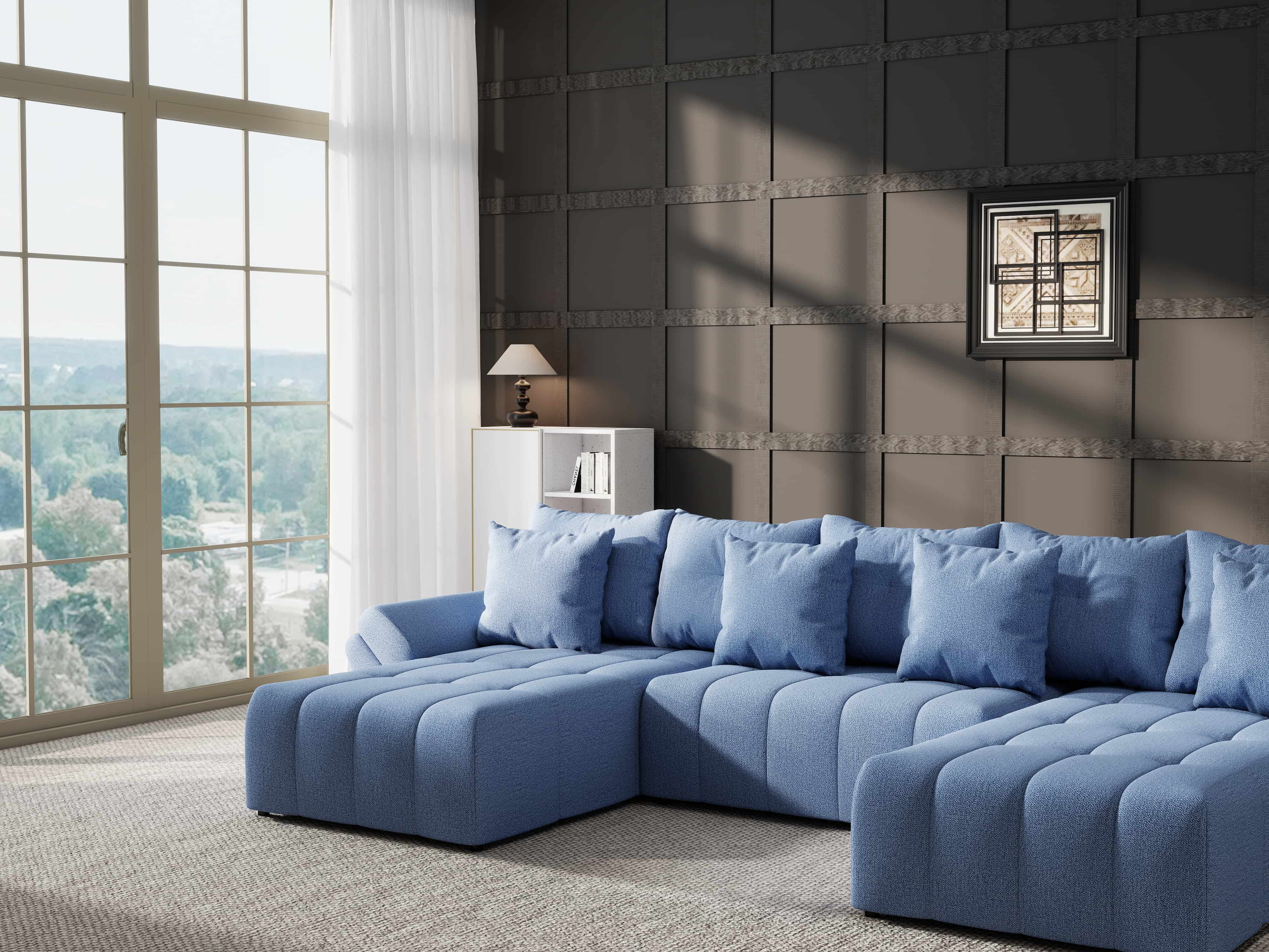 Colțar extensibil dumonde cu ladă de depozitare si sezut confortabil din spuma HR, Berlin U Enjoy Blue 380x180 cm Fabrica