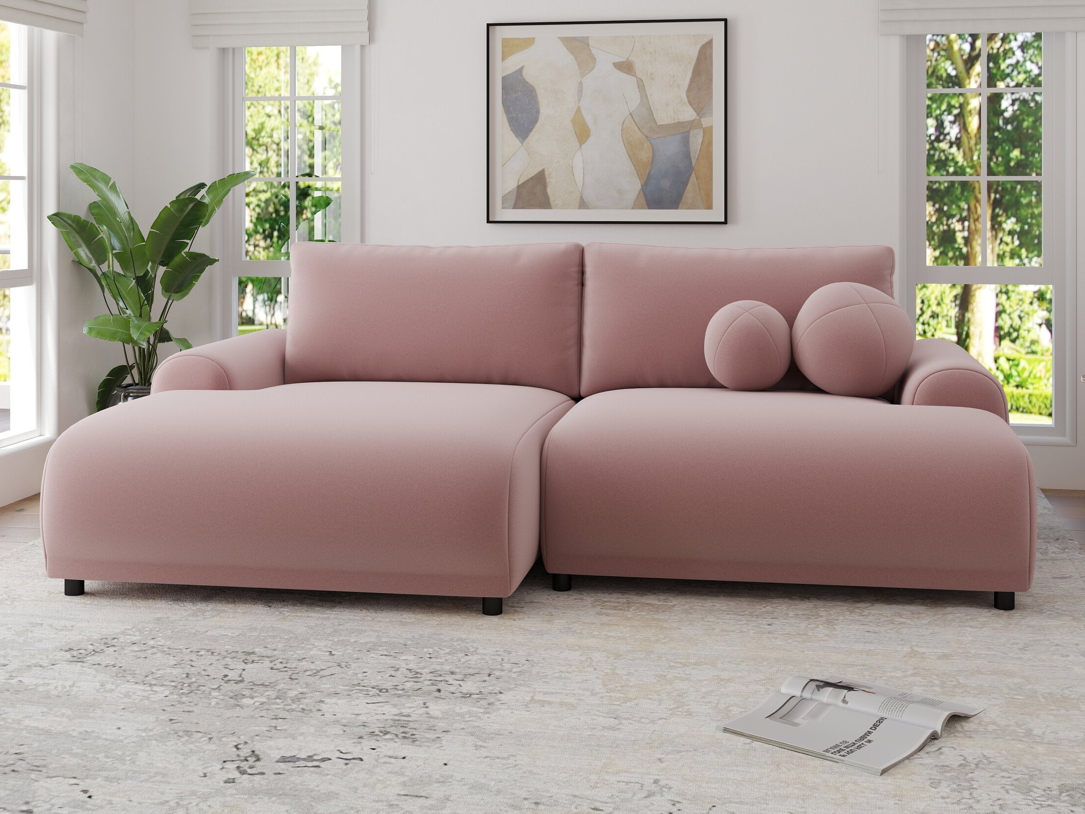 Colțar extensibil dumonde cu ladă de depozitare și șezut confortabil din spumă HR, Carlo Royal Roz 240x145 cm