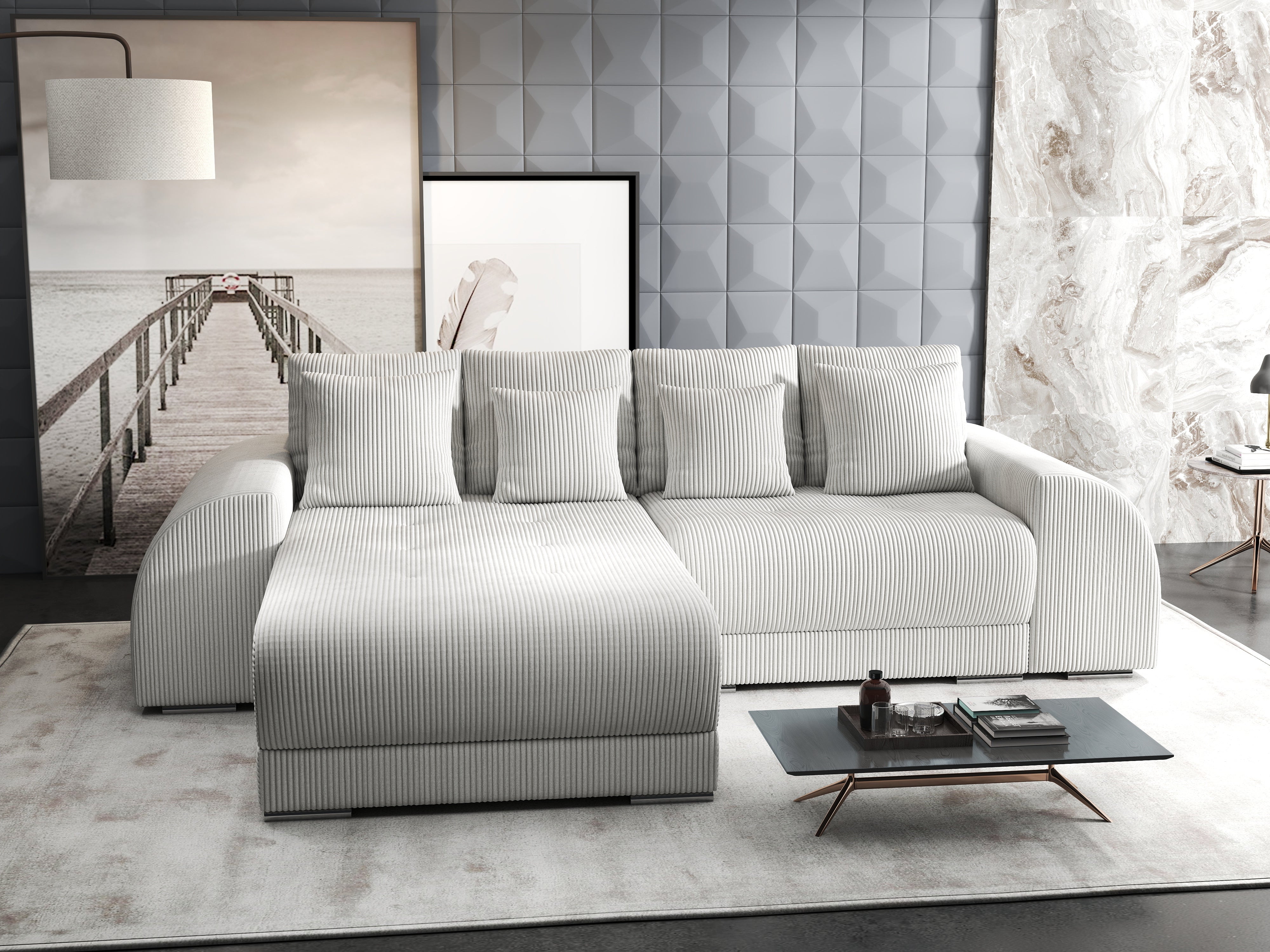 Colțar extensibil dumonde cu ladă de depozitare si sezut confortabil din spuma HR, Verona Zoom Crem 290x185 cm Fabrica