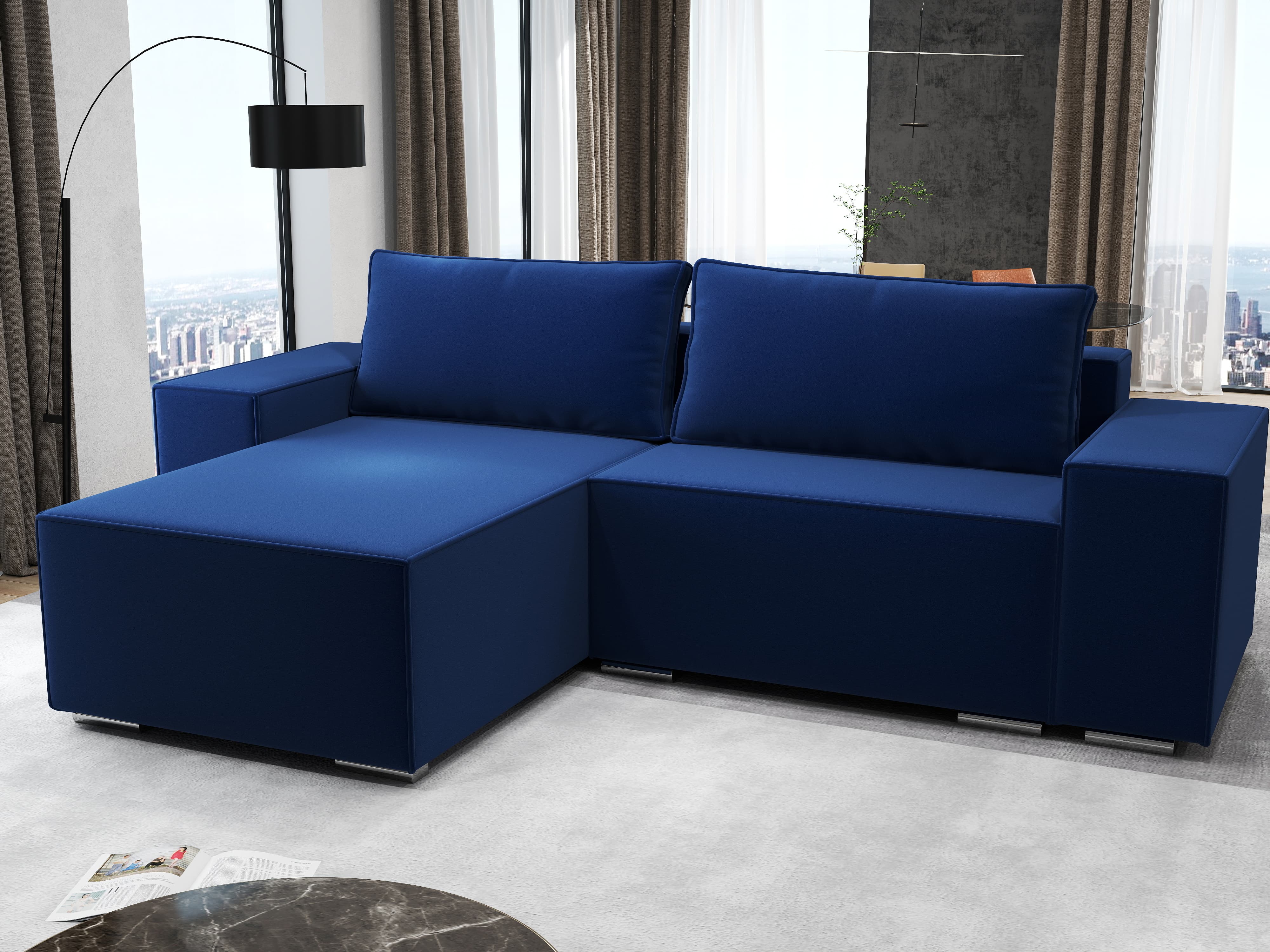 Colțar extensibil dumonde cu ladă de depozitare si sezut confortabil din spuma HR, Dream Royal Albastru 290x185 cm Fabrica