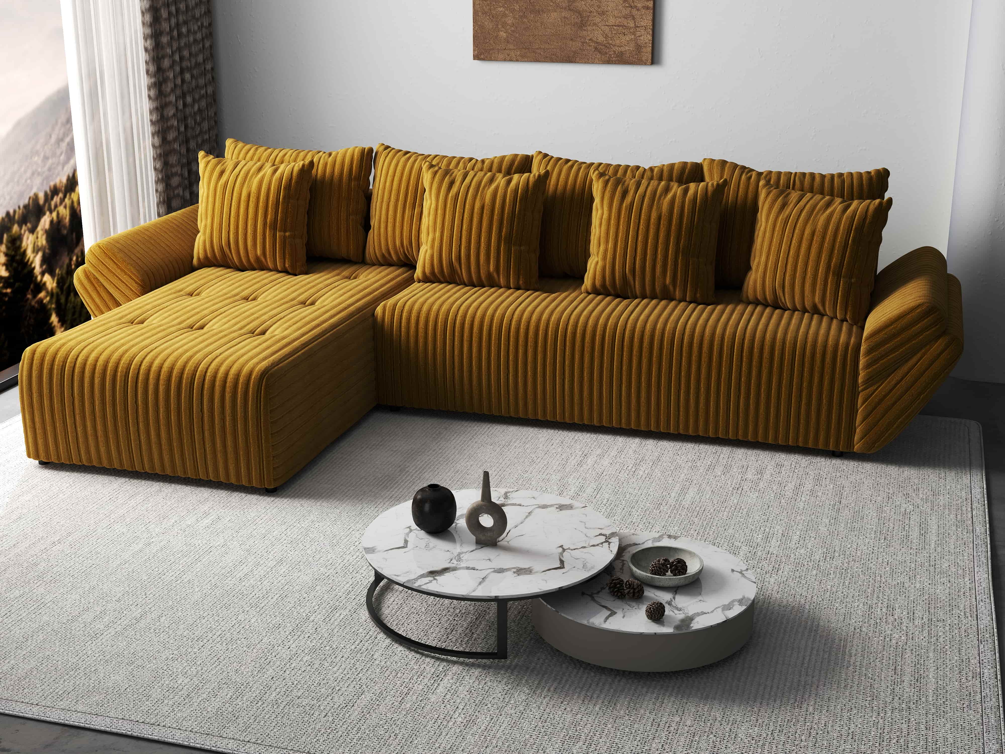 Colțar extensibil dumonde cu ladă de depozitare si sezut confortabil din spuma HR, Berlin XL Ambience Mustar 350x185 cm Fabrica