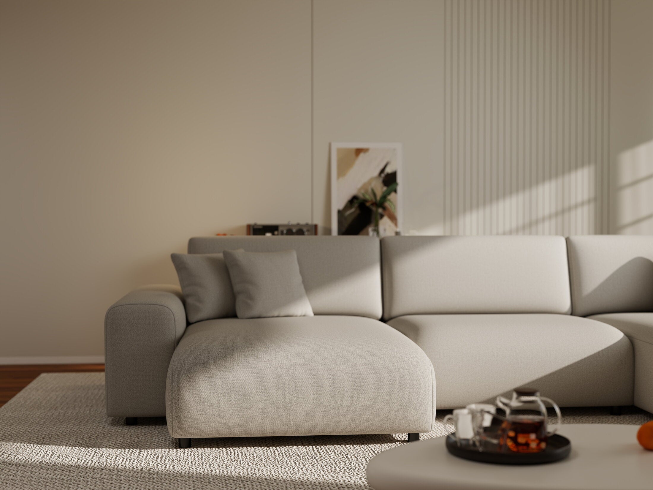 Colțar extensibil dumonde cu ladă de depozitare si sezut confortabil din spuma HR, Sarina U Enjoy Bej 350x168 cm