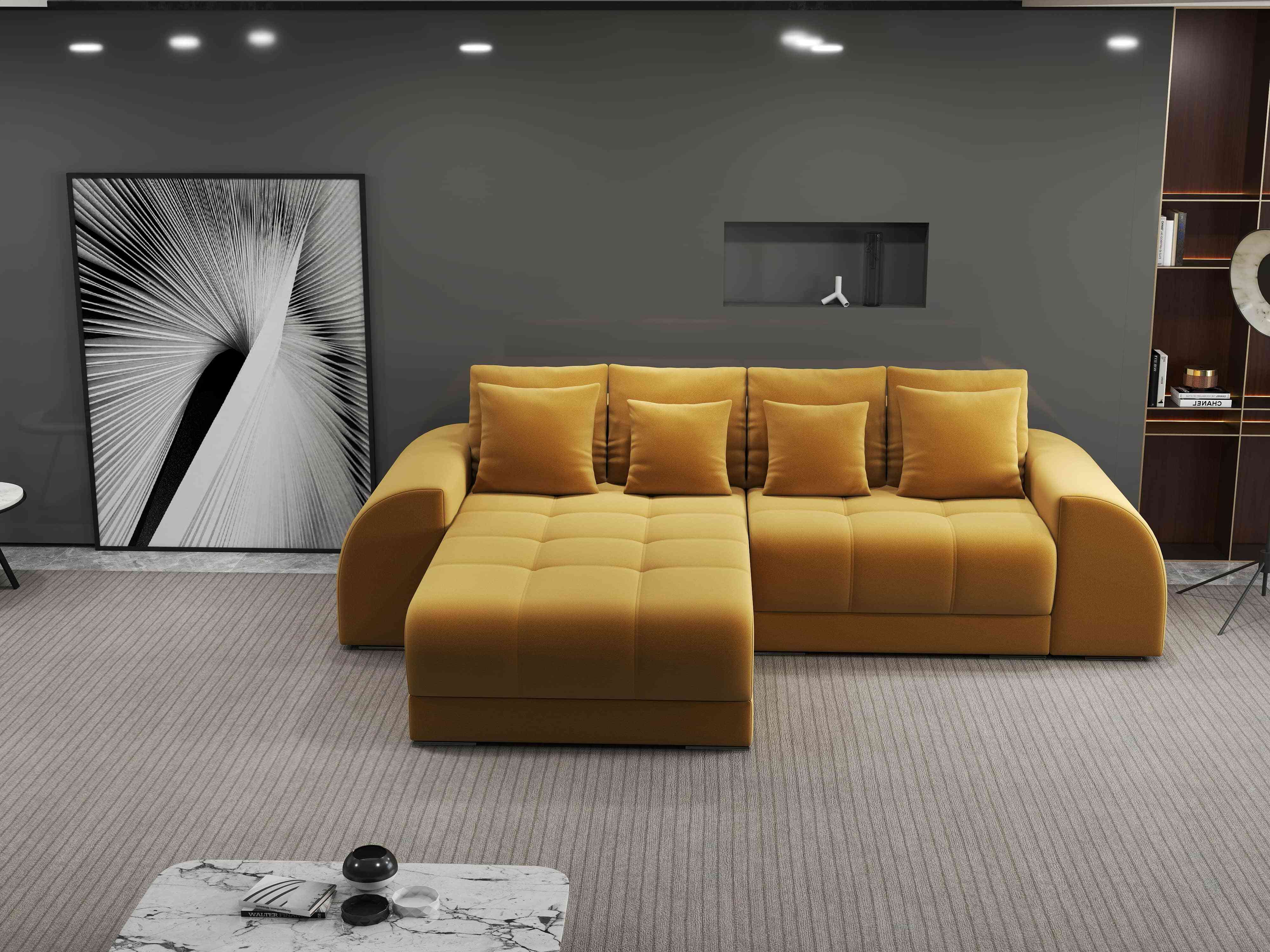 Colțar extensibil dumonde cu ladă de depozitare si sezut confortabil din spuma HR, Verona Royal Mustar 290x185 cm Fabrica