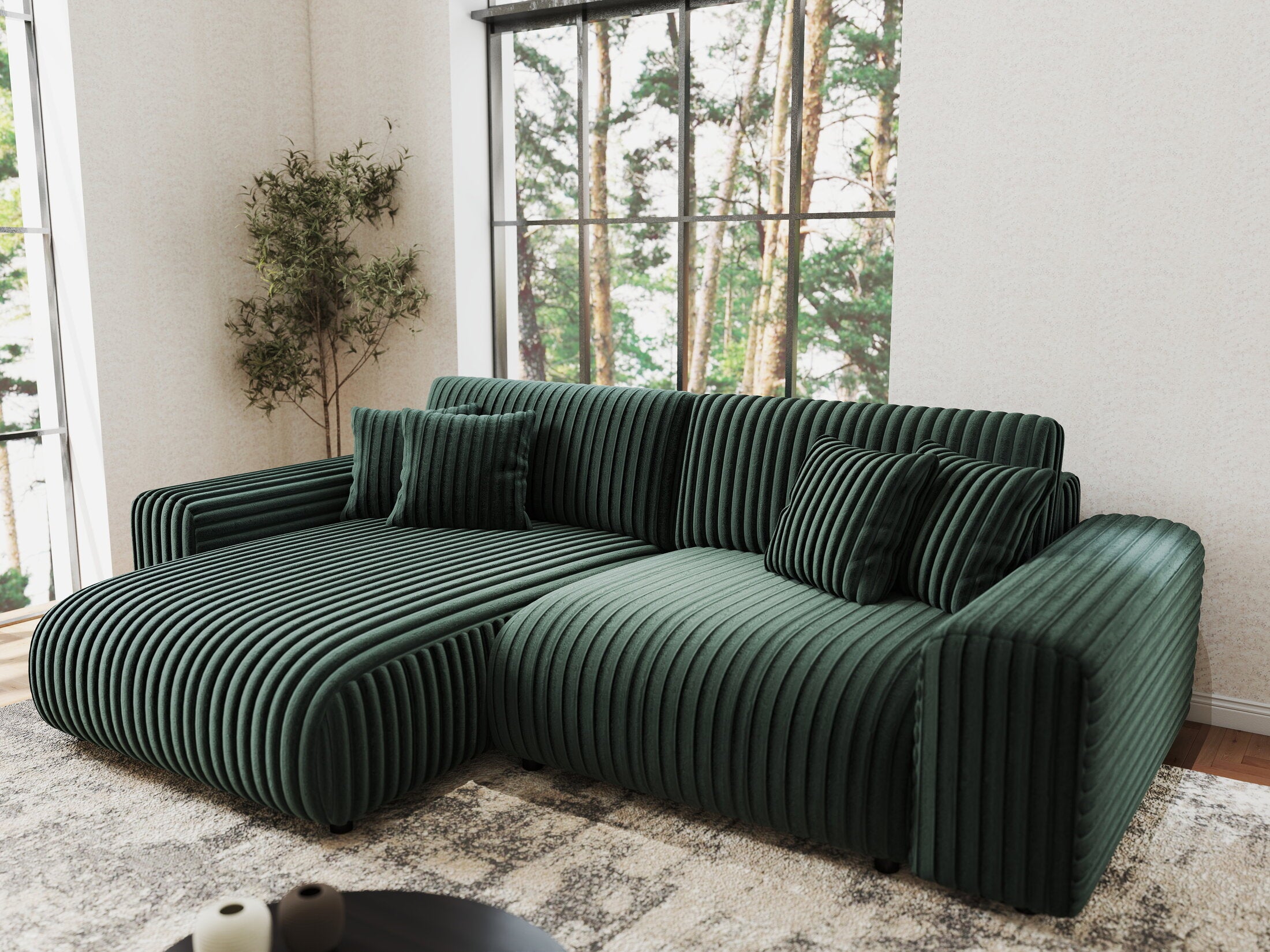 Colțar extensibil dumonde cu ladă de depozitare si sezut confortabil din spuma HR, Sarina Ambience Verde 255x168 cm