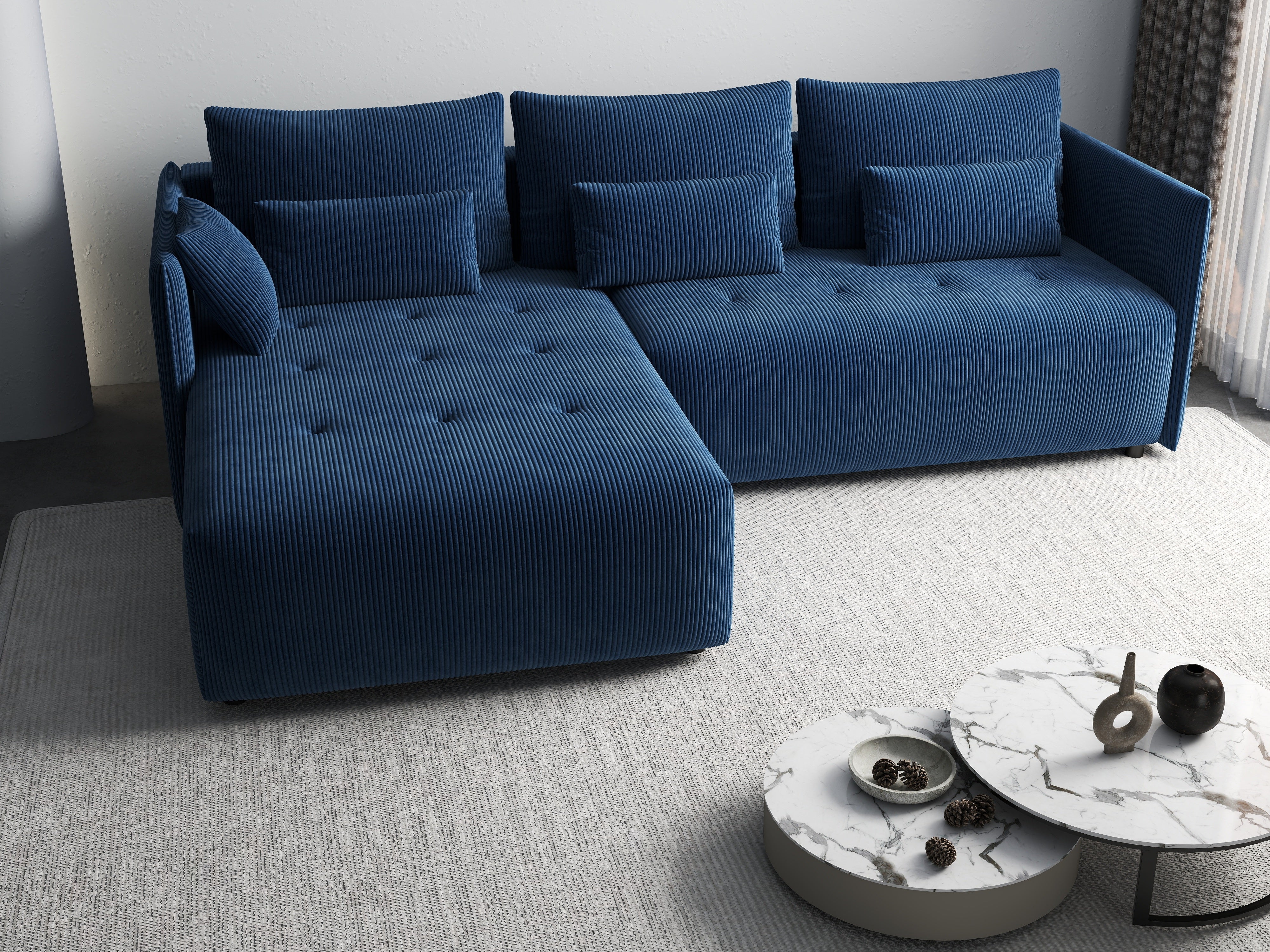 Colțar extensibil dumonde cu ladă de depozitare si sezut confortabil din spuma HR, Malta Zoom Blue II 235x185 cm Fabrica