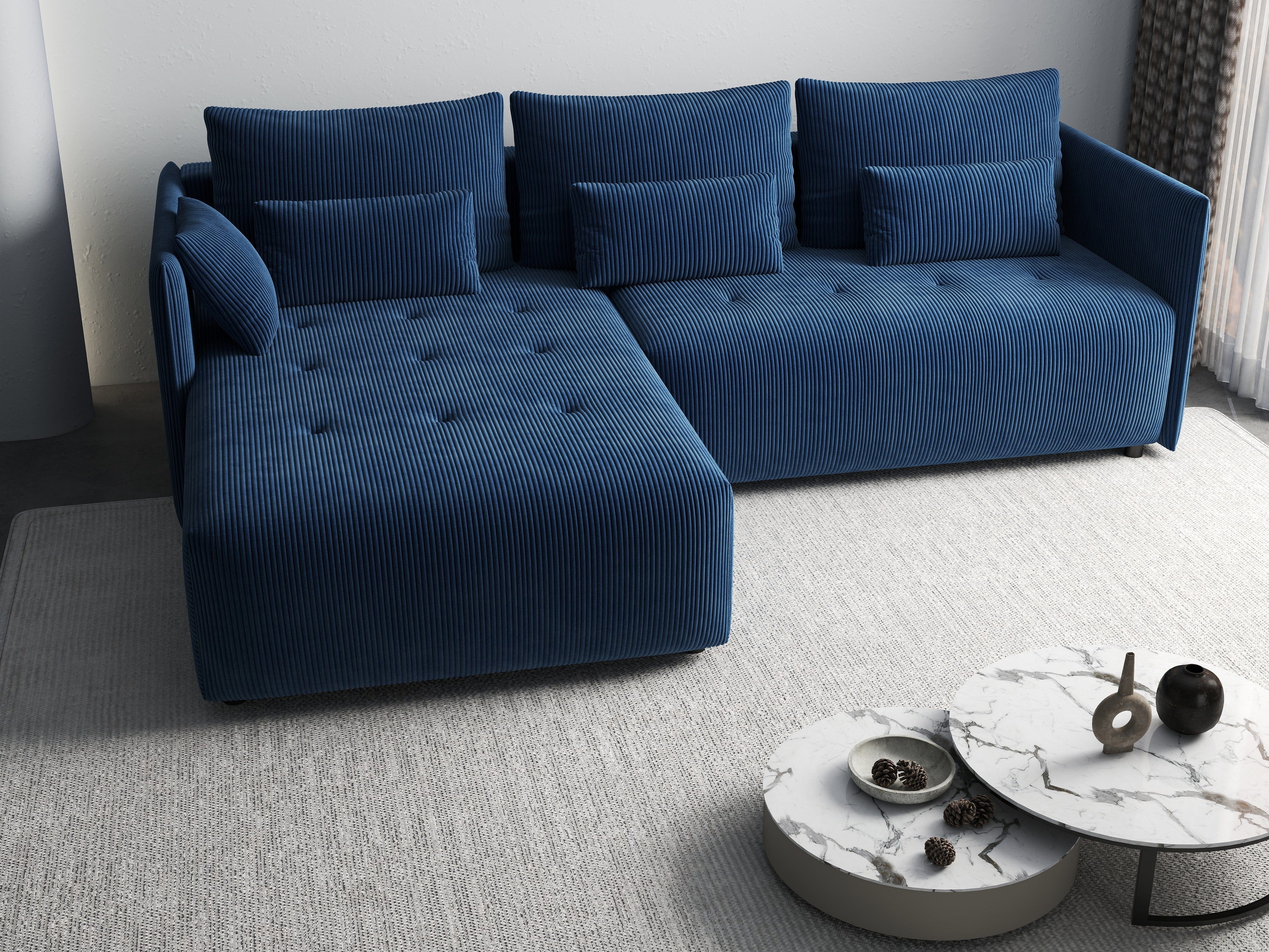 Colțar extensibil dumonde cu ladă de depozitare si sezut confortabil din spuma HR, Malta Zoom Blue II 235x185 cm Fabrica
