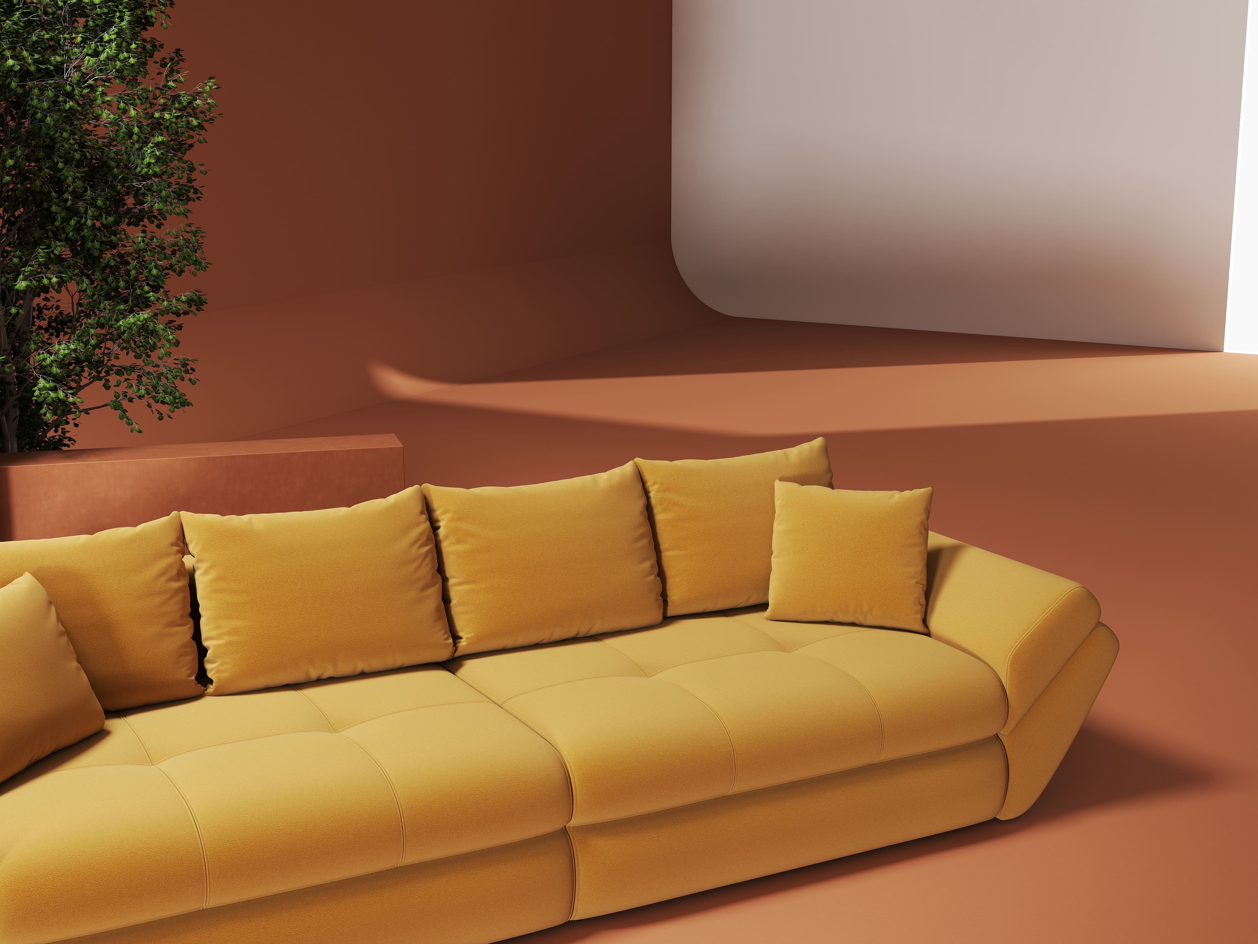 Canapea extensibilă dumonde cu ladă de depozitare si sezut confortabil din spuma HR, Loana Royal Mustar 300x100 cm Fabrica