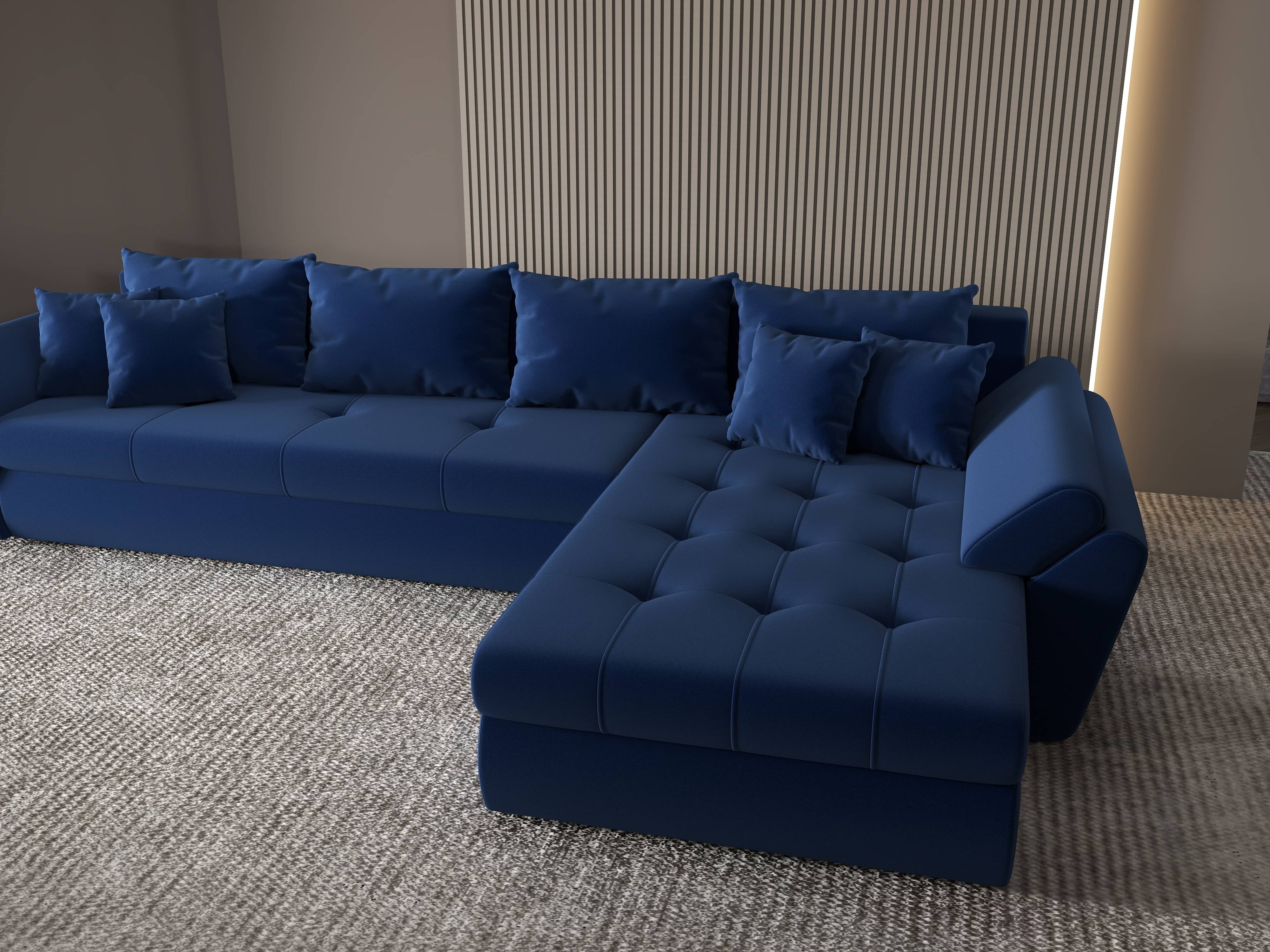 Colțar extensibil dumonde cu ladă de depozitare si sezut confortabil din spuma HR, Loana XL Royal Albastru II 335x185 cm Fabrica