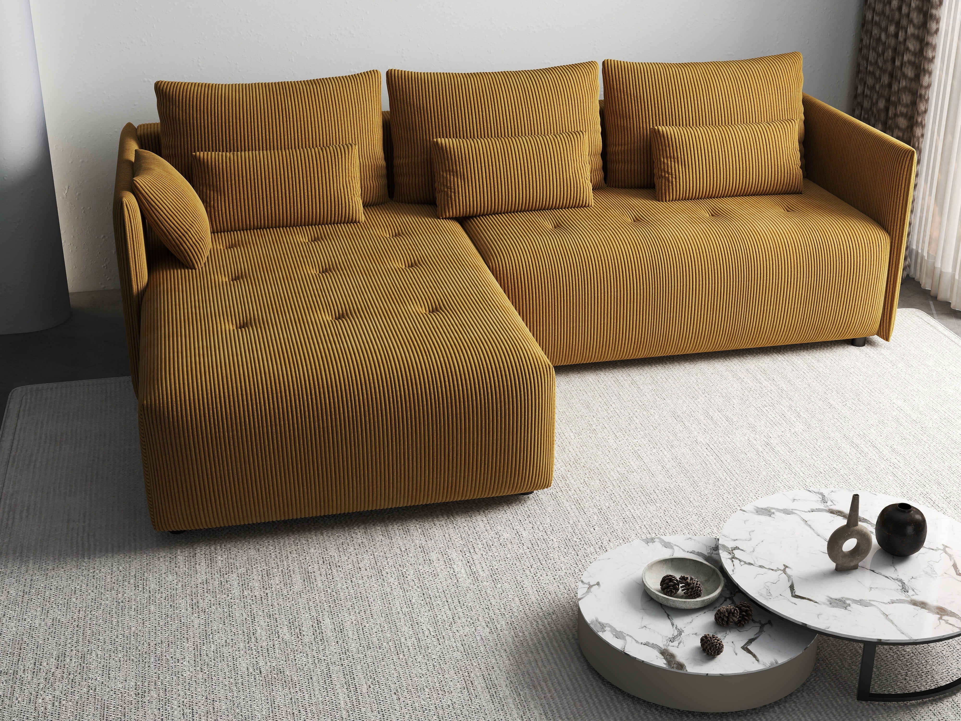 Colțar extensibil dumonde cu ladă de depozitare si sezut confortabil din spuma HR, Malta Zoom Mustar II 235x185 cm Fabrica