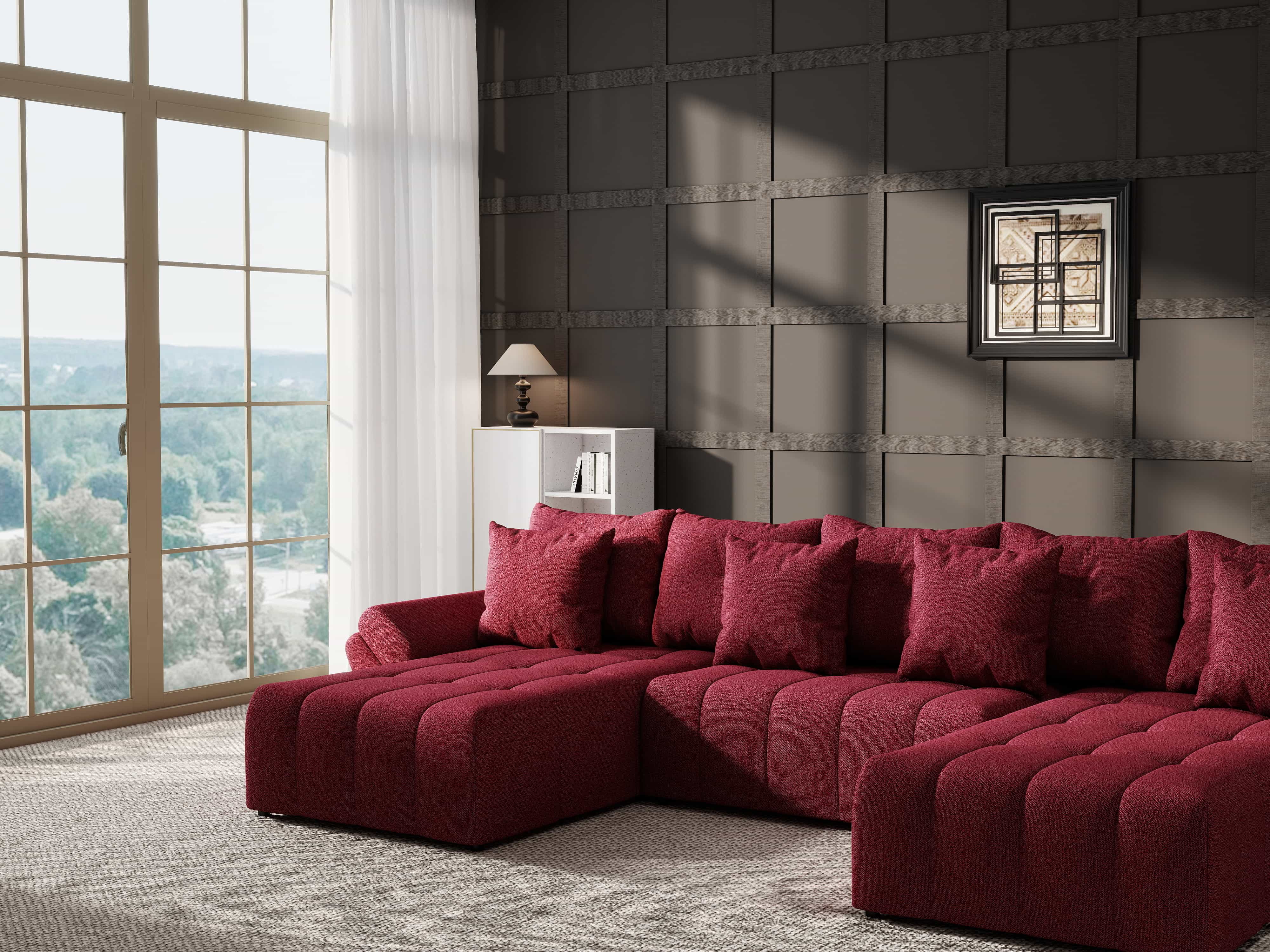 Colțar extensibil dumonde cu ladă de depozitare si sezut confortabil din spuma HR, Berlin U Enjoy Rosu 380x180 cm Fabrica