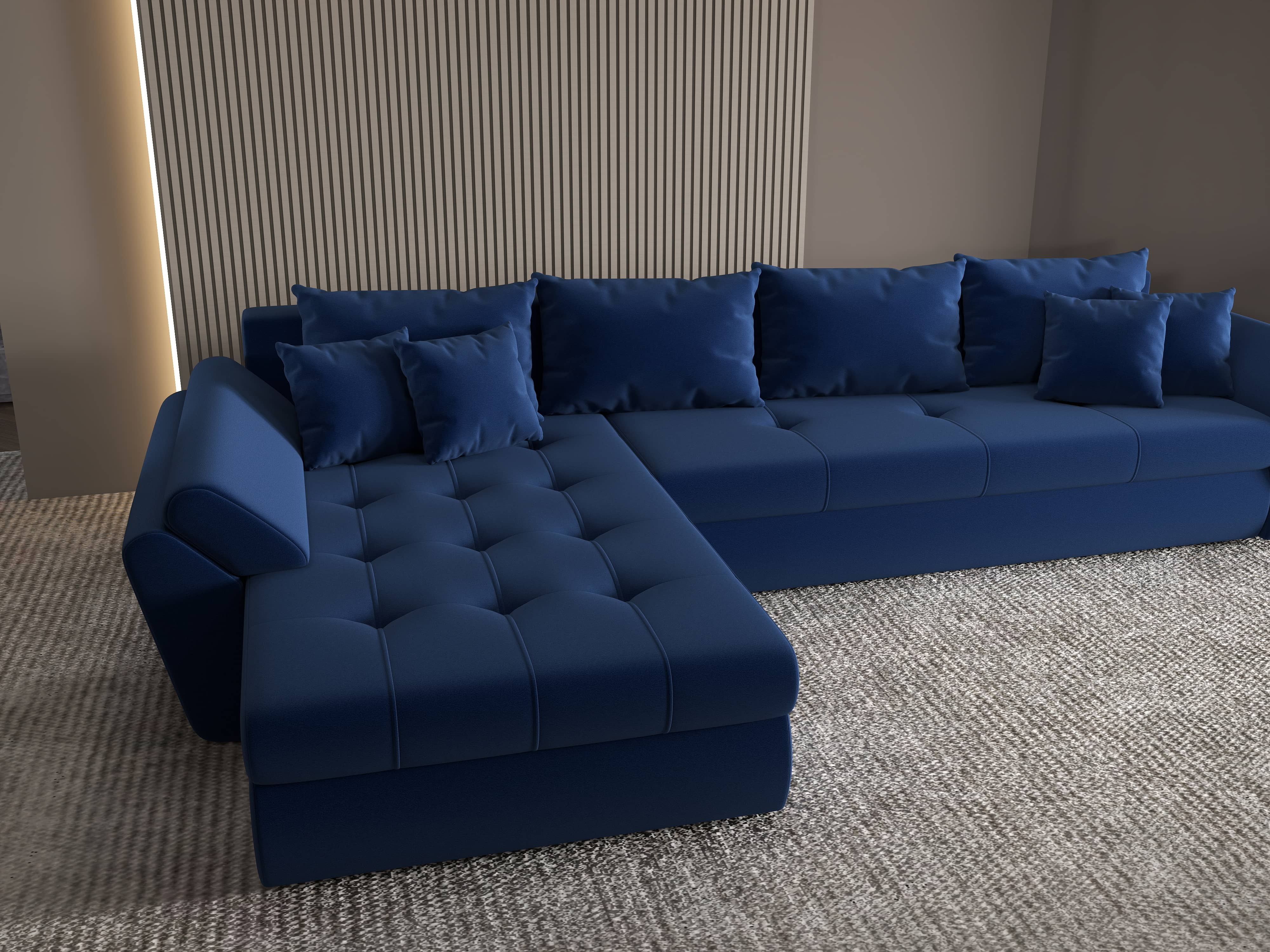 Colțar extensibil dumonde cu ladă de depozitare si sezut confortabil din spuma HR, Loana XL Royal Albastru 335x185 cm Fabrica