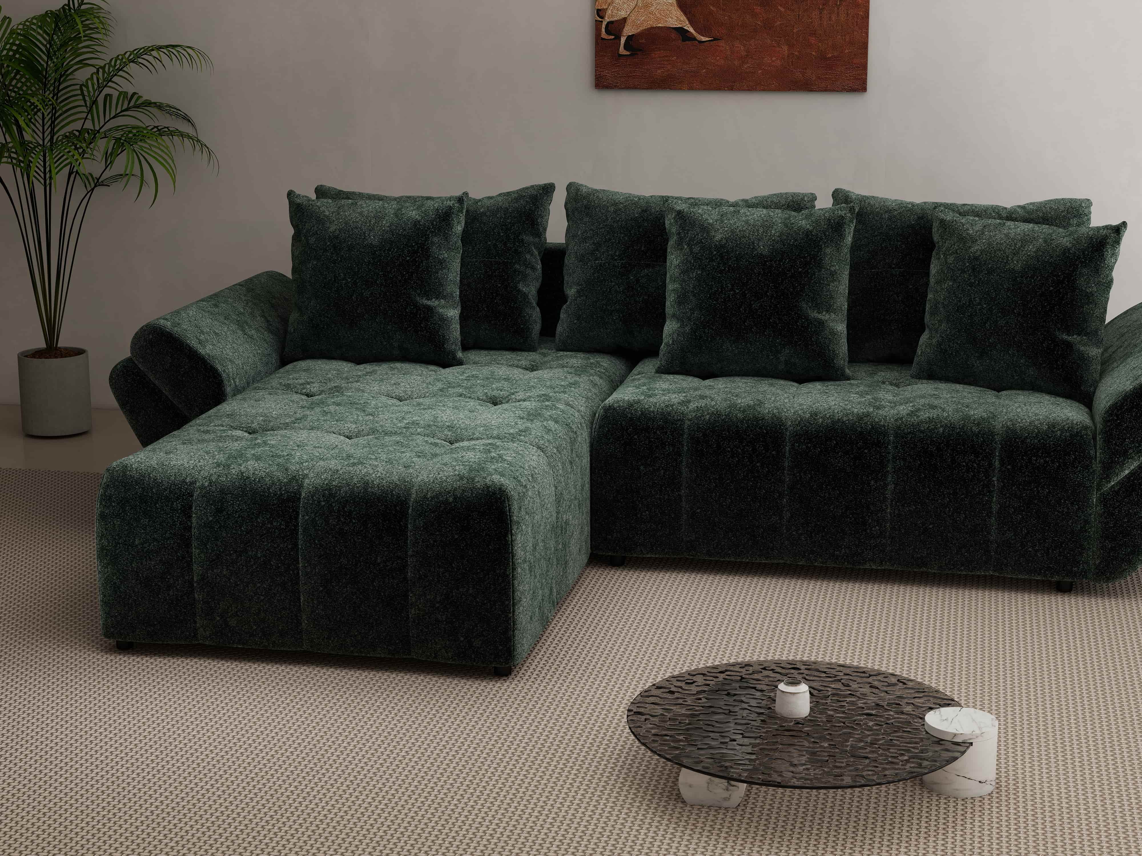 Colțar extensibil dumonde cu ladă de depozitare si sezut confortabil din spuma HR, Berlin Euphoria Verde 280x185 cm Fabrica