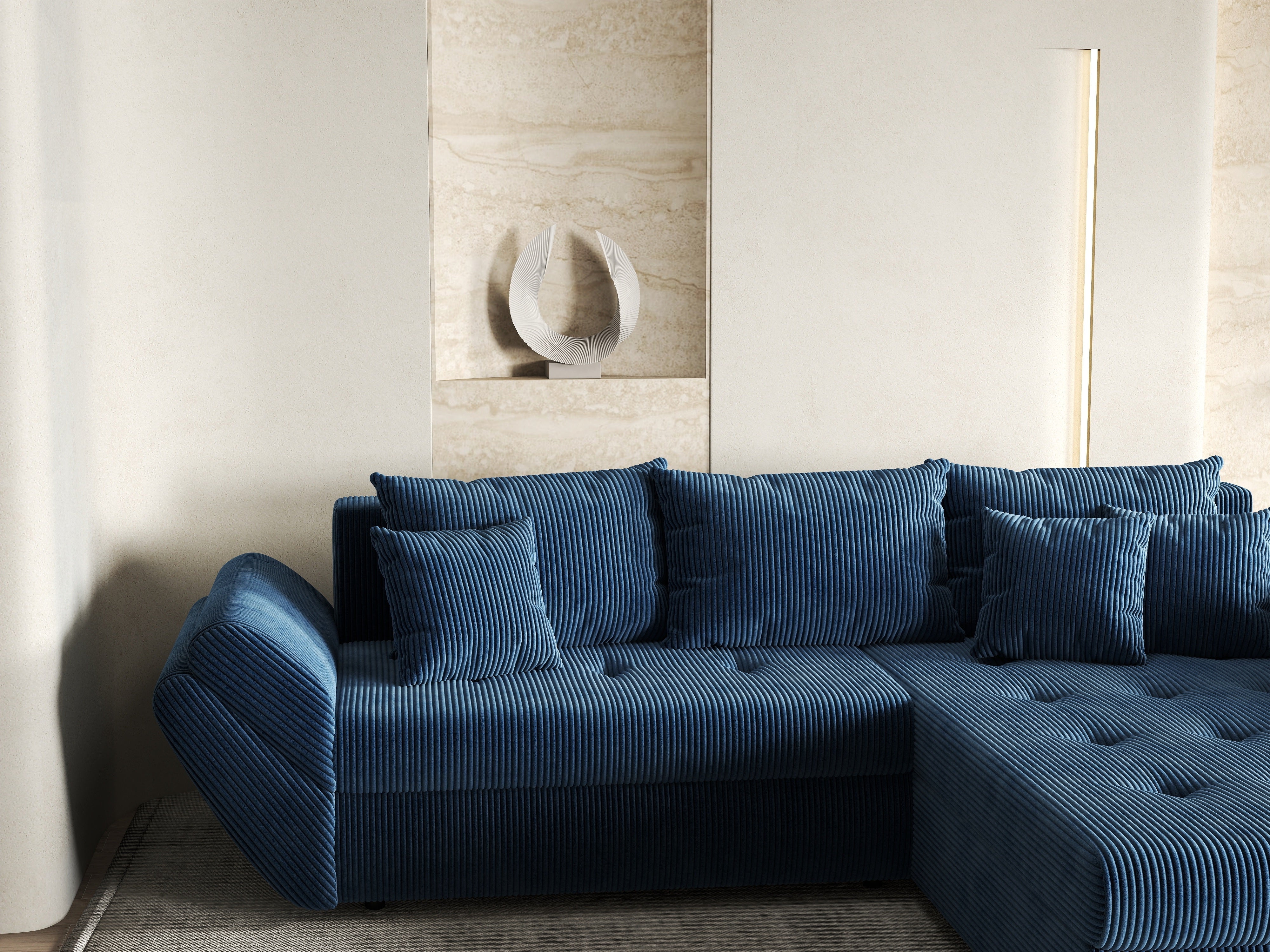 Colțar extensibil dumonde cu ladă de depozitare si sezut confortabil din spuma HR, Loana Zoom Blue II 270x185 cm Fabrica