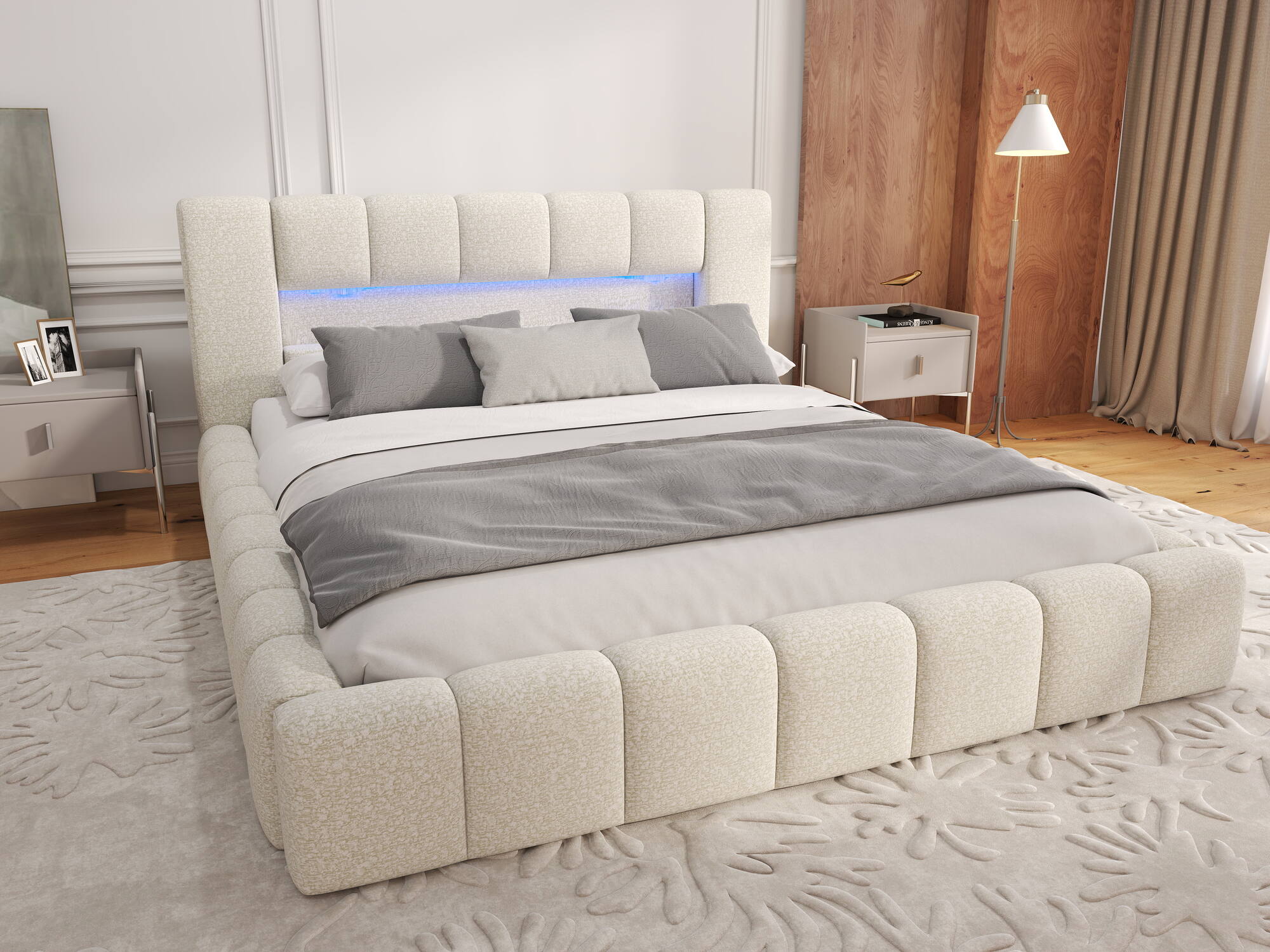 Pat dormitor dumonde, tapitat bej, Palermo 180x200 cm, somiera rabatabila inclusa, spatiu depozitare