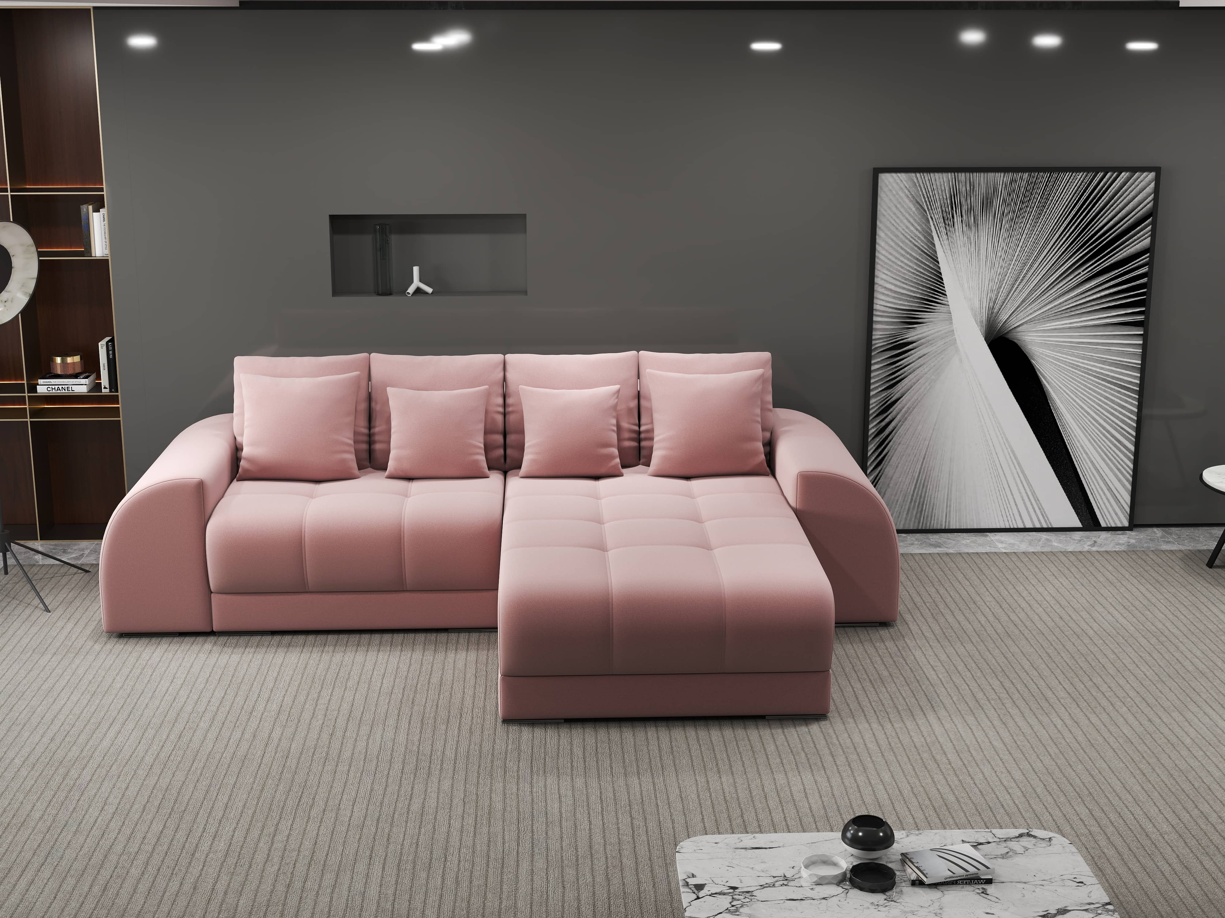 Colțar extensibil dumonde cu ladă de depozitare si sezut confortabil din spuma HR, Verona Royal Roz II 290x185 cm Fabrica