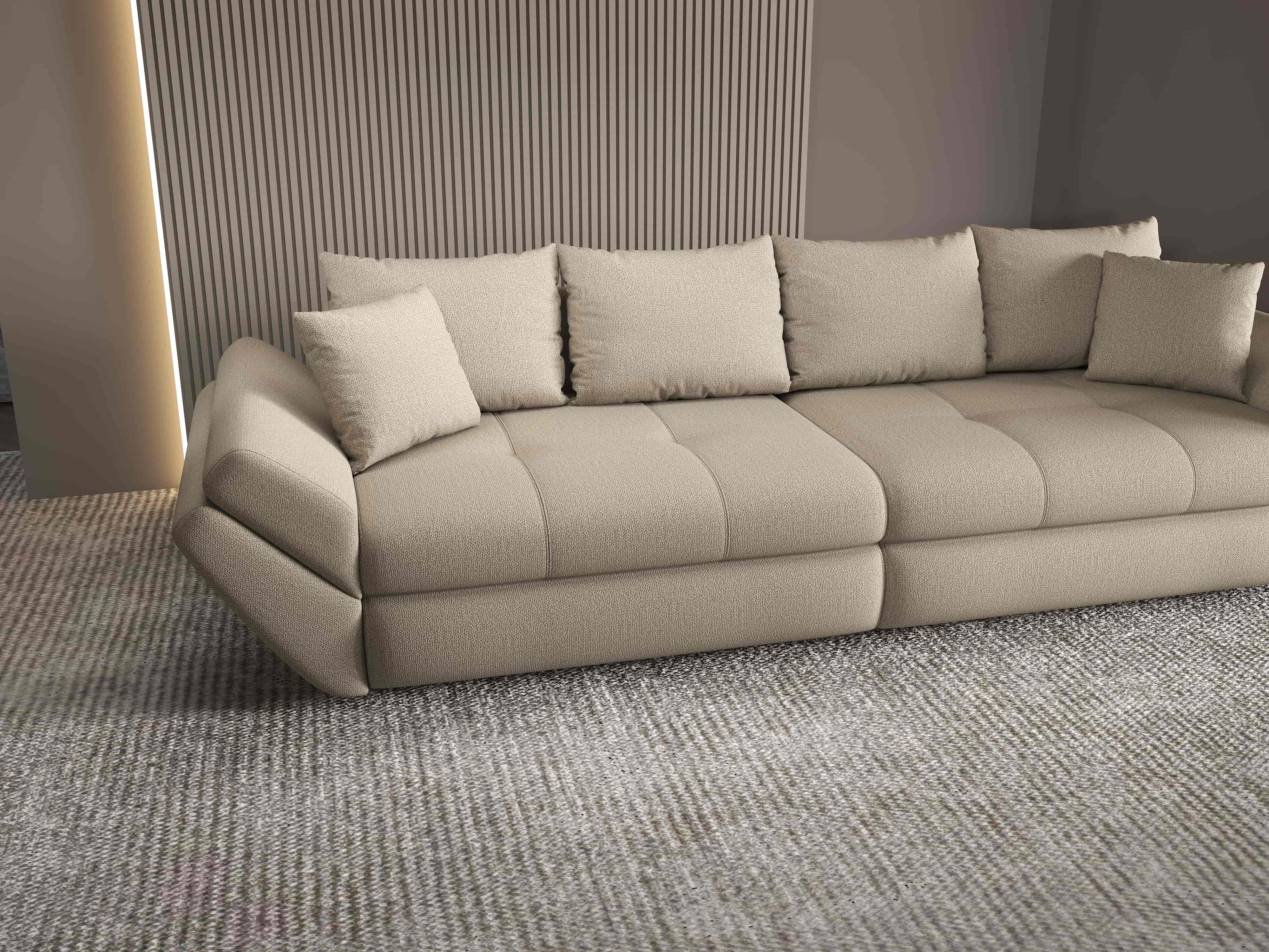 Canapea extensibilă dumonde cu ladă de depozitare si sezut confortabil din spuma HR, Loana Enjoy Camel 300x100 cm Fabrica