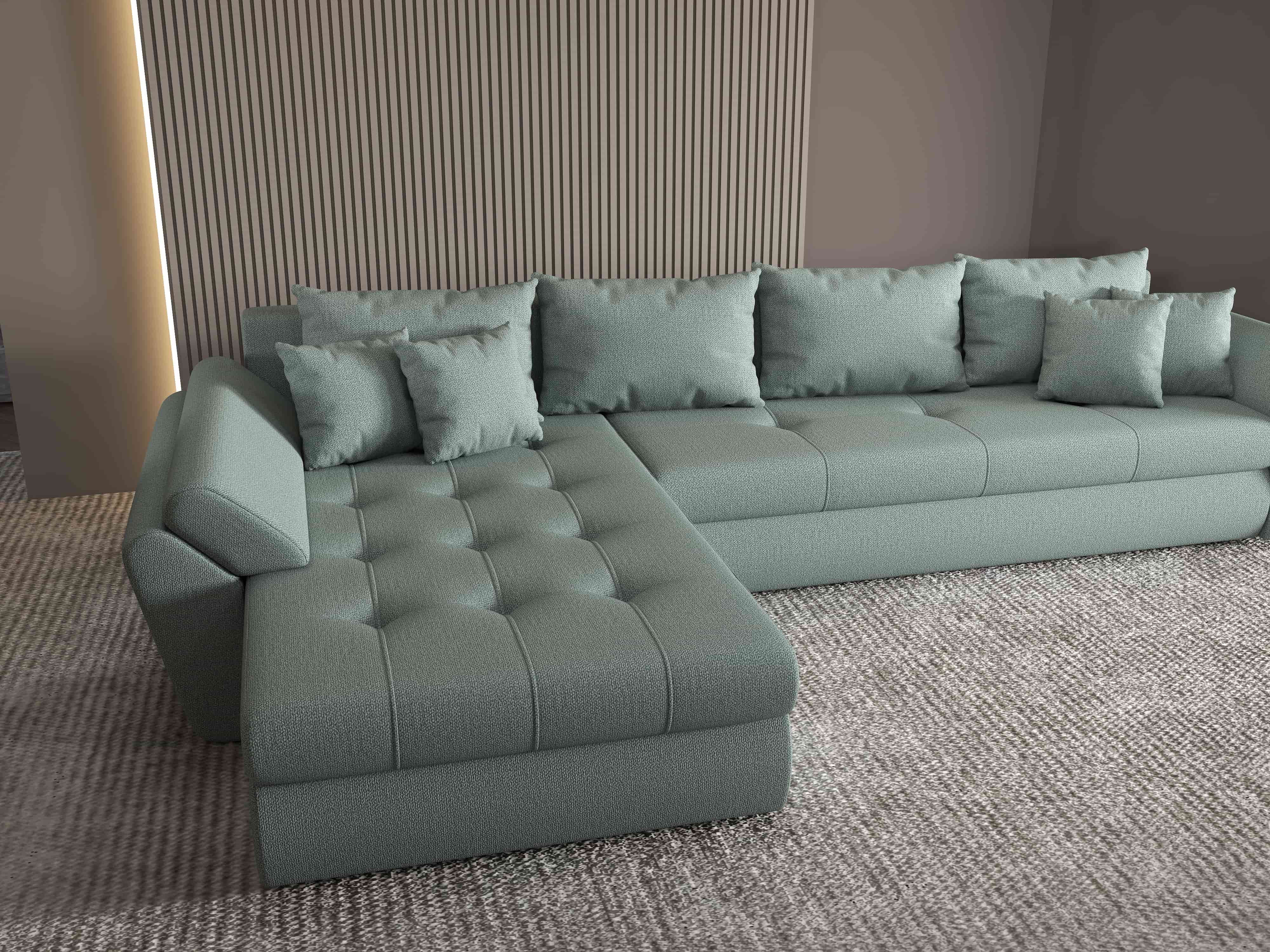 Colțar extensibil dumonde cu ladă de depozitare si sezut confortabil din spuma HR, Loana XL Enjoy Mint 335x185 cm Fabrica