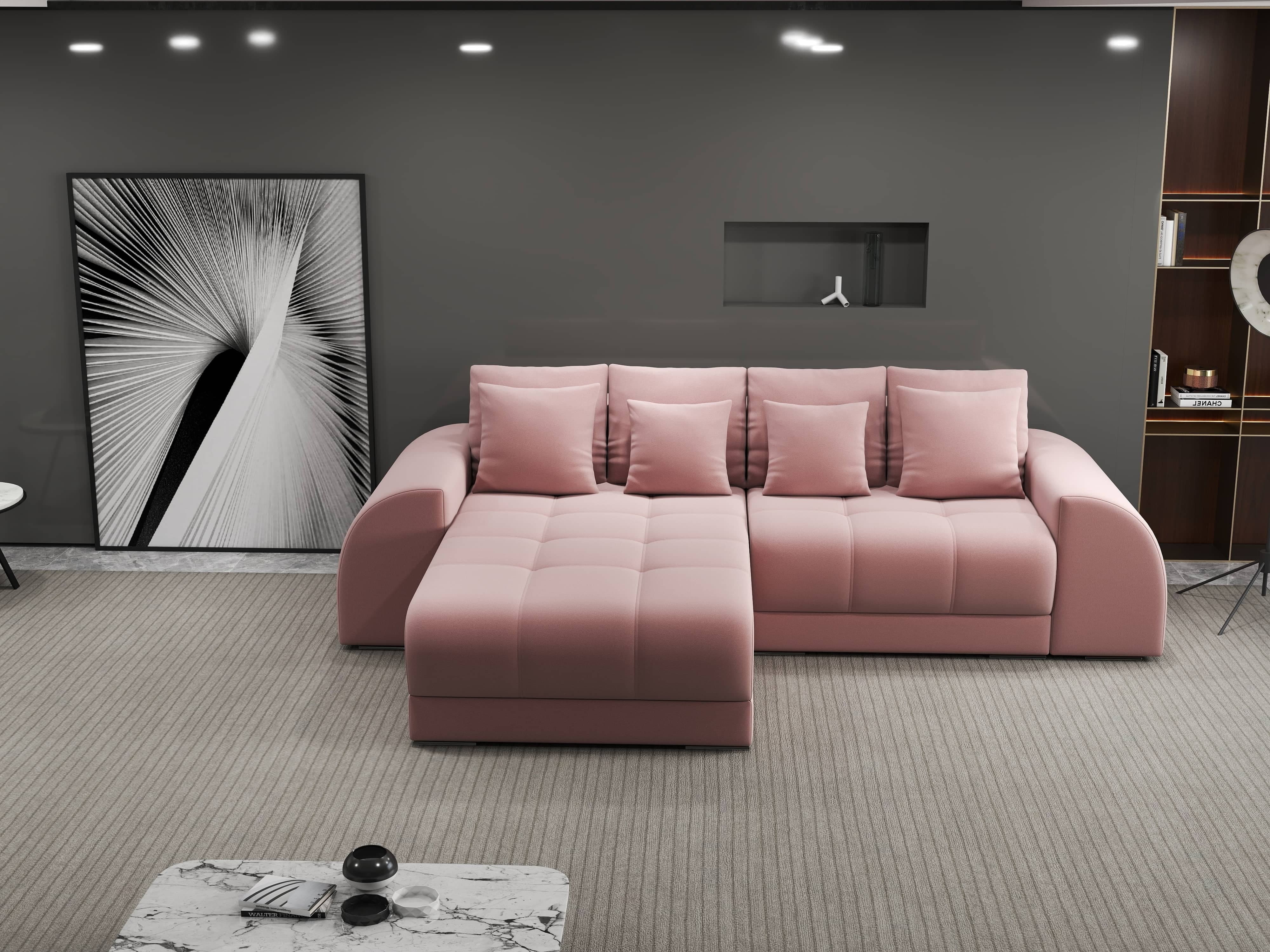 Colțar extensibil dumonde cu ladă de depozitare si sezut confortabil din spuma HR, Verona Royal Roz 290x185 cm Fabrica